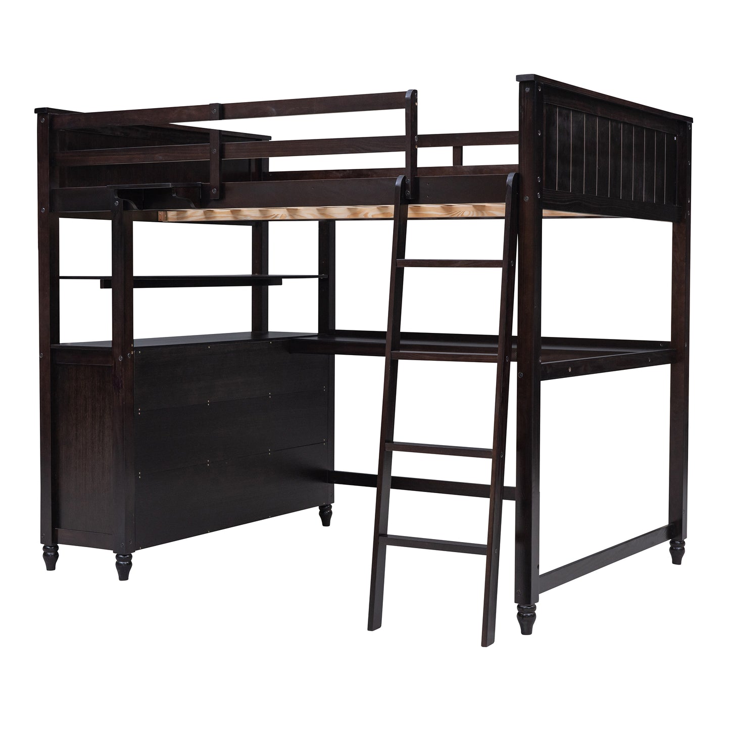 Dark wood loft bed with integrated desk and ladder offering a spacesaving solution