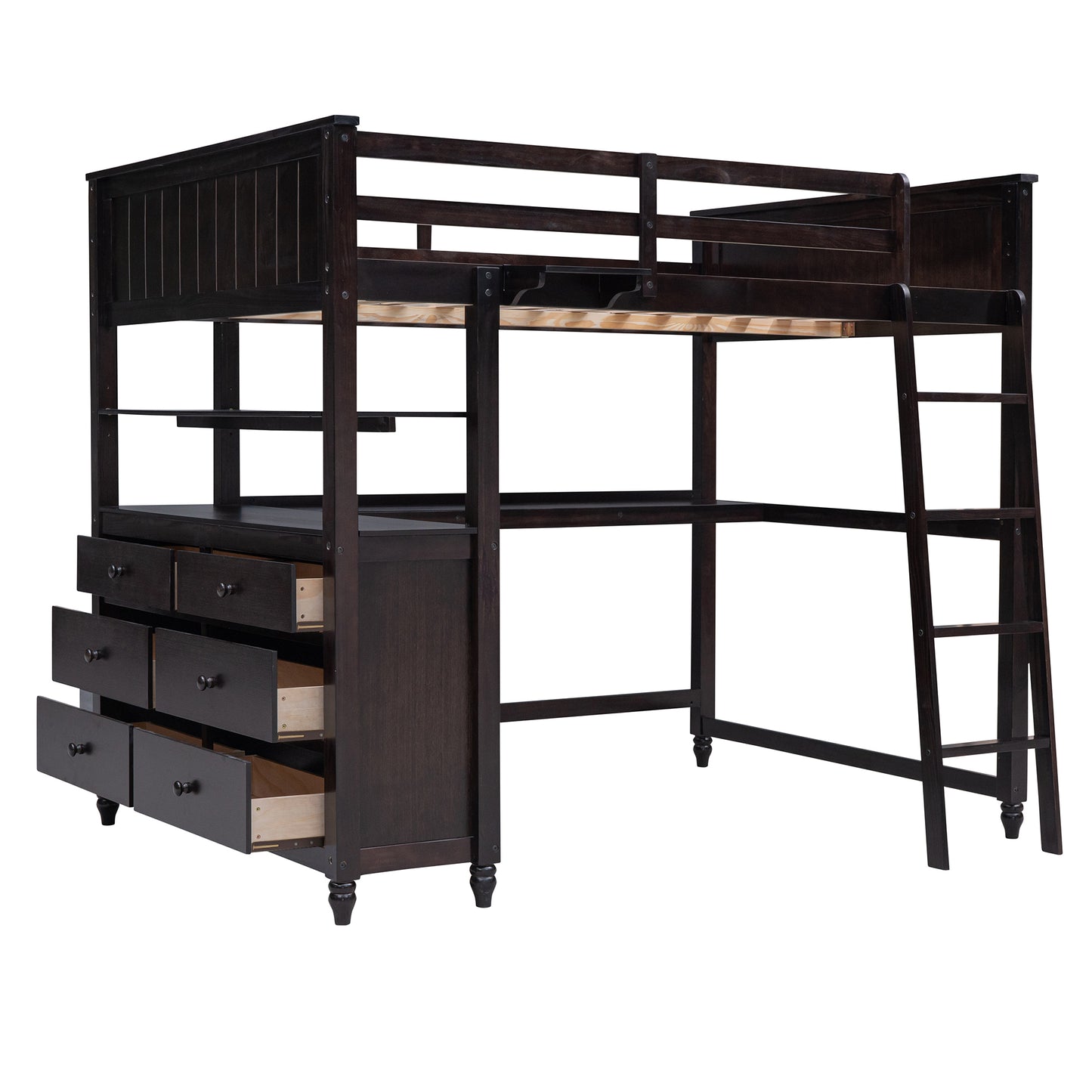 Dark espresso loft bed with integrated desk and six drawers featuring a ladder for access and safety rails