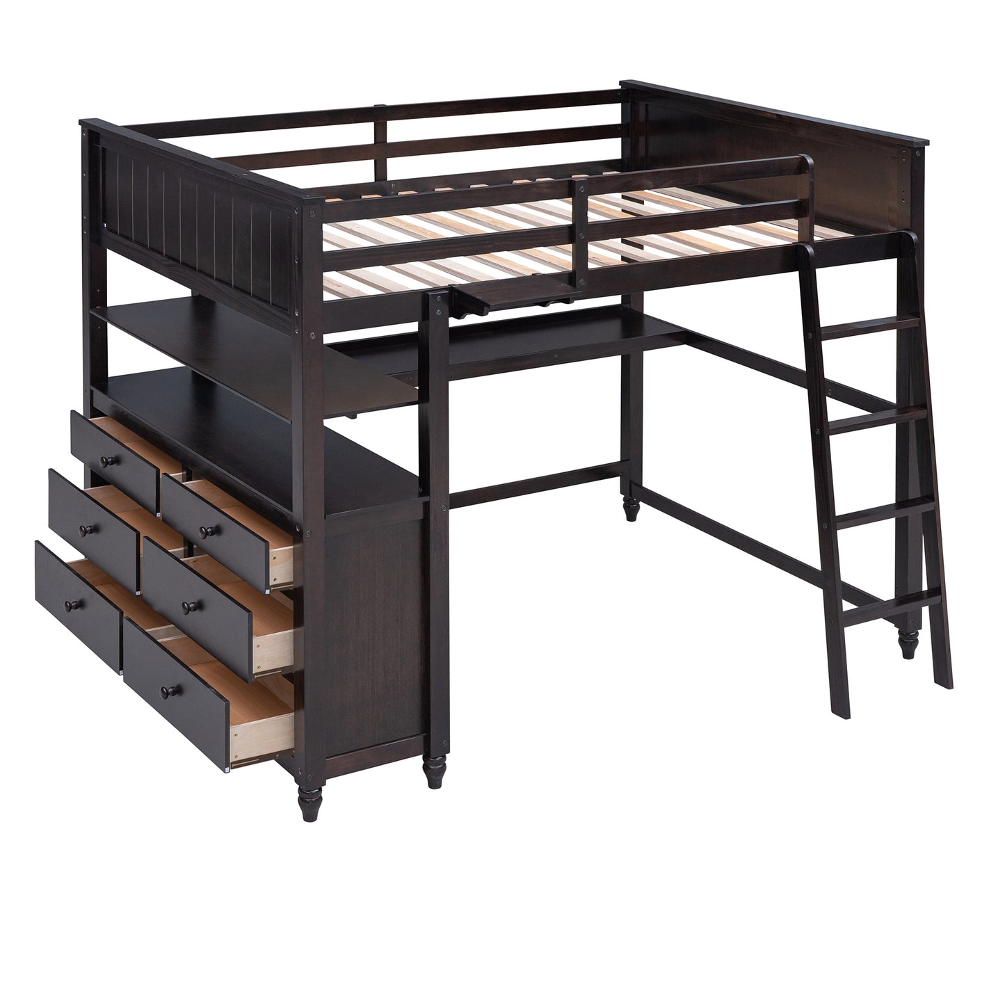 Dark espresso wood loft bed with integrated desk and six drawers