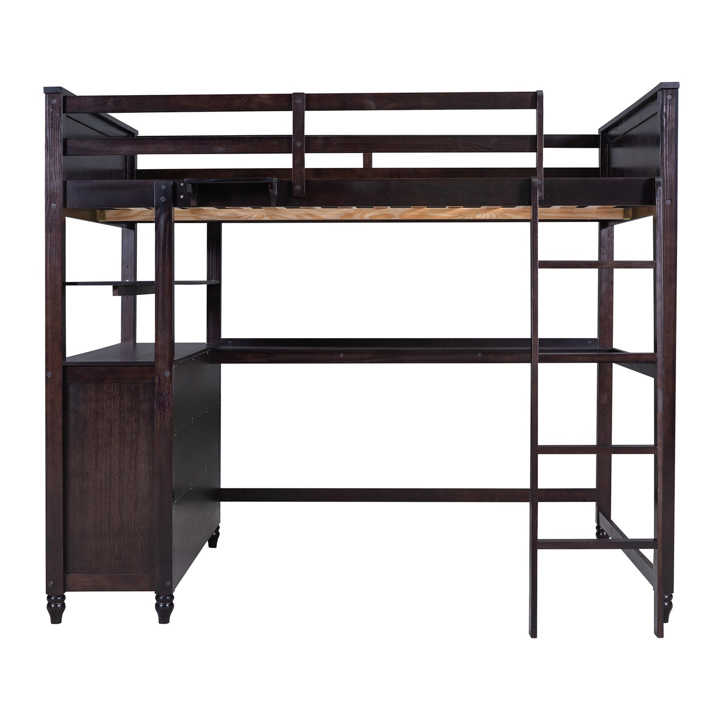 Dark espresso wooden loft bed with integrated desk and storage shelves for kids room