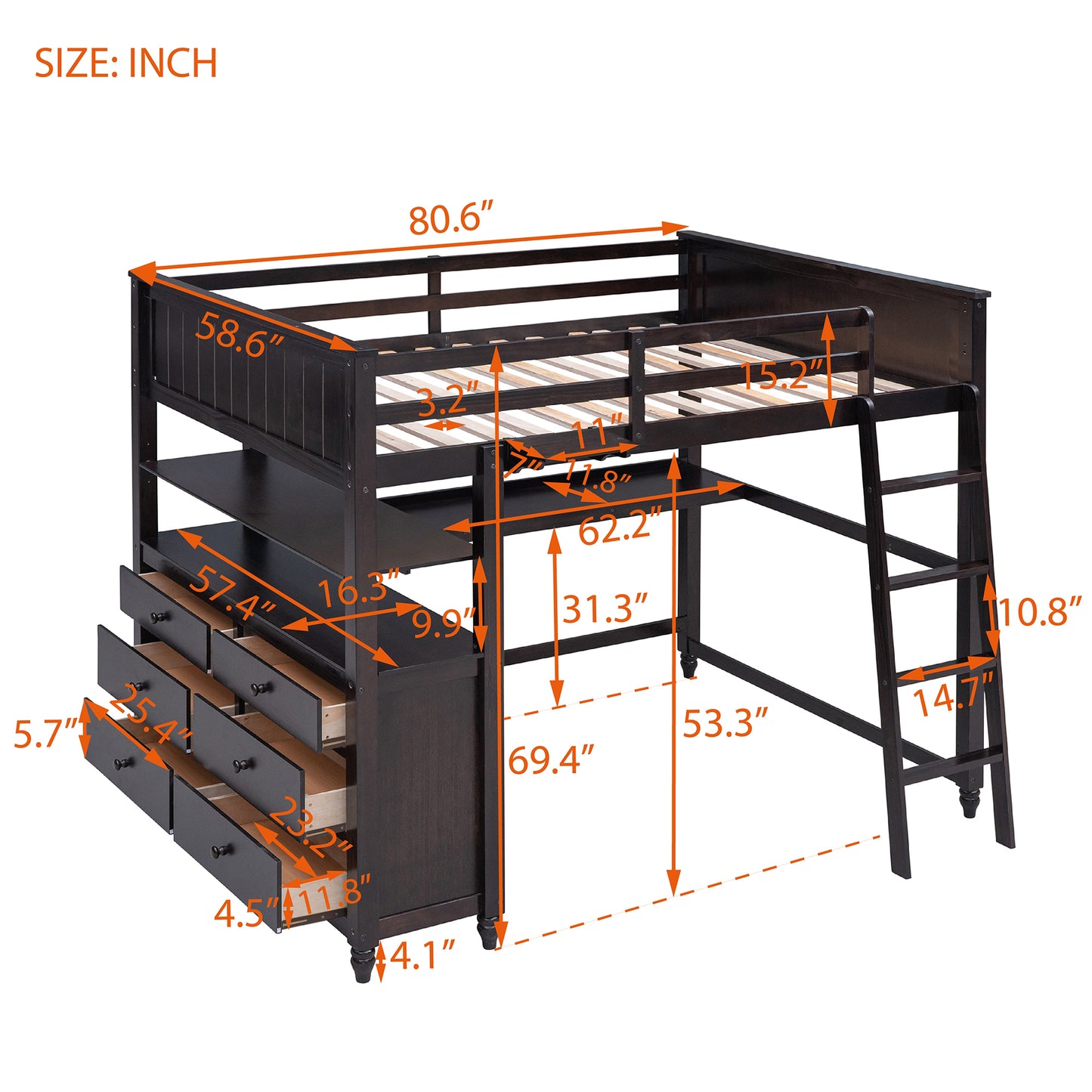 Dark wood loft bed with integrated desk and seven drawers for storage