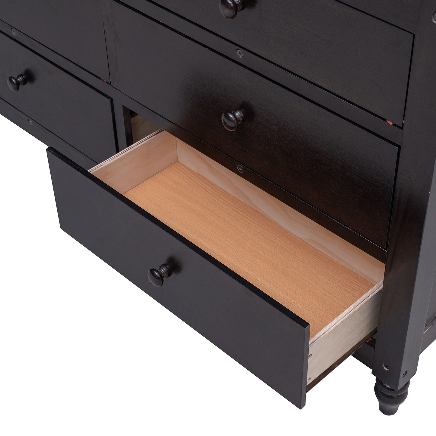 Dark brown dresser with one open drawer showing wooden interior