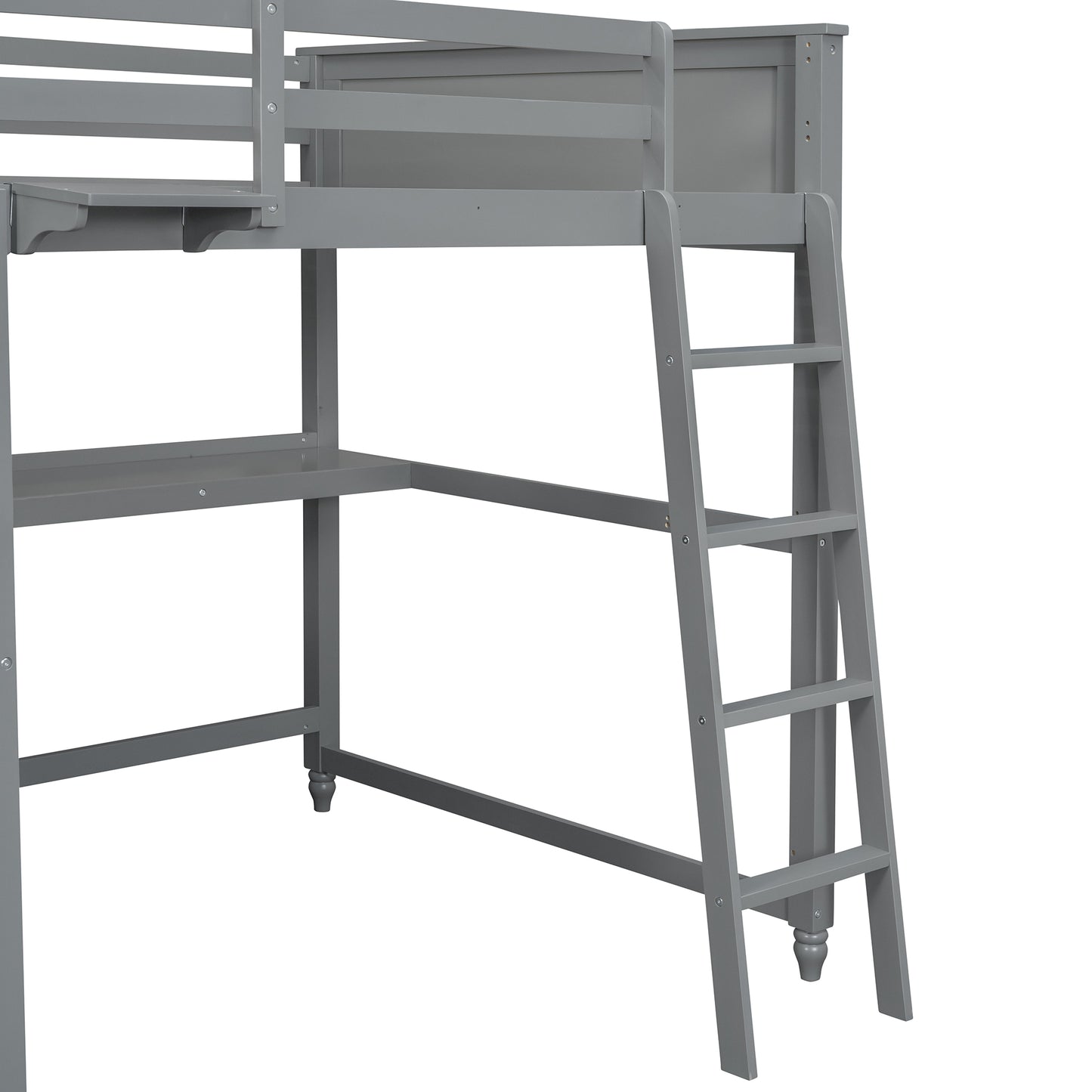 Gray wooden loft bed with desk and ladder perfect for small spaces