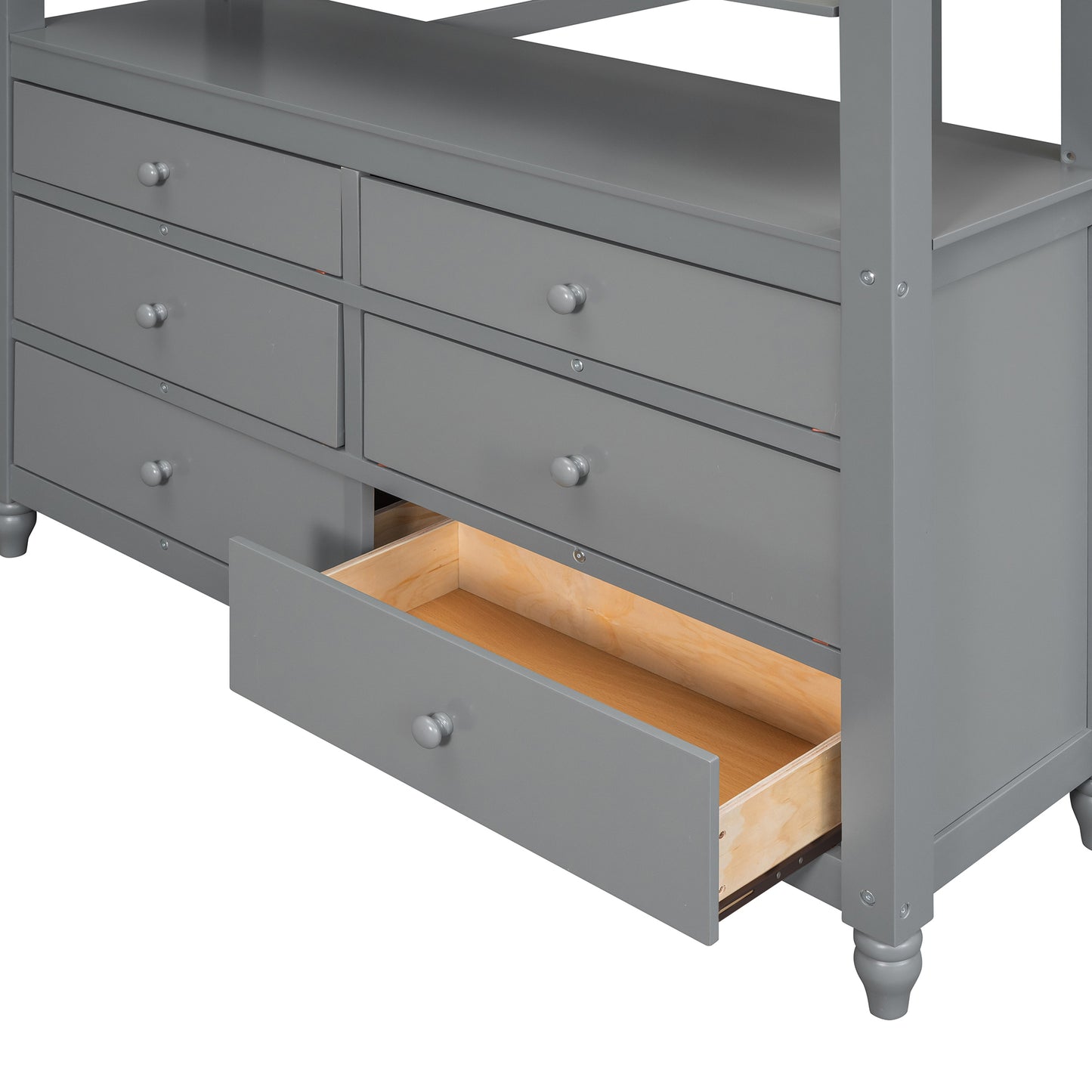 Gray dresser with seven drawers one partially open