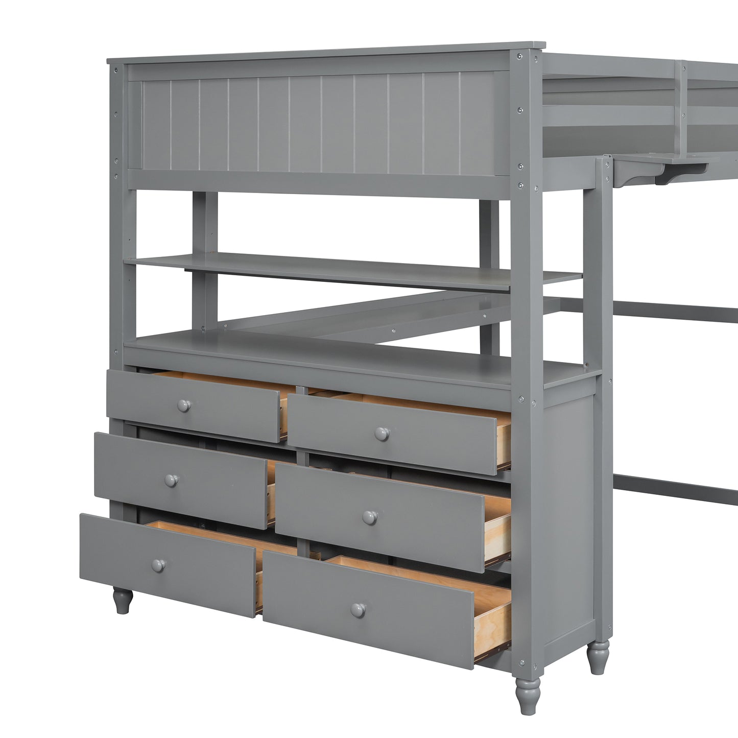 Gray loft bed with integrated dresser and shelving for kids storage solutions