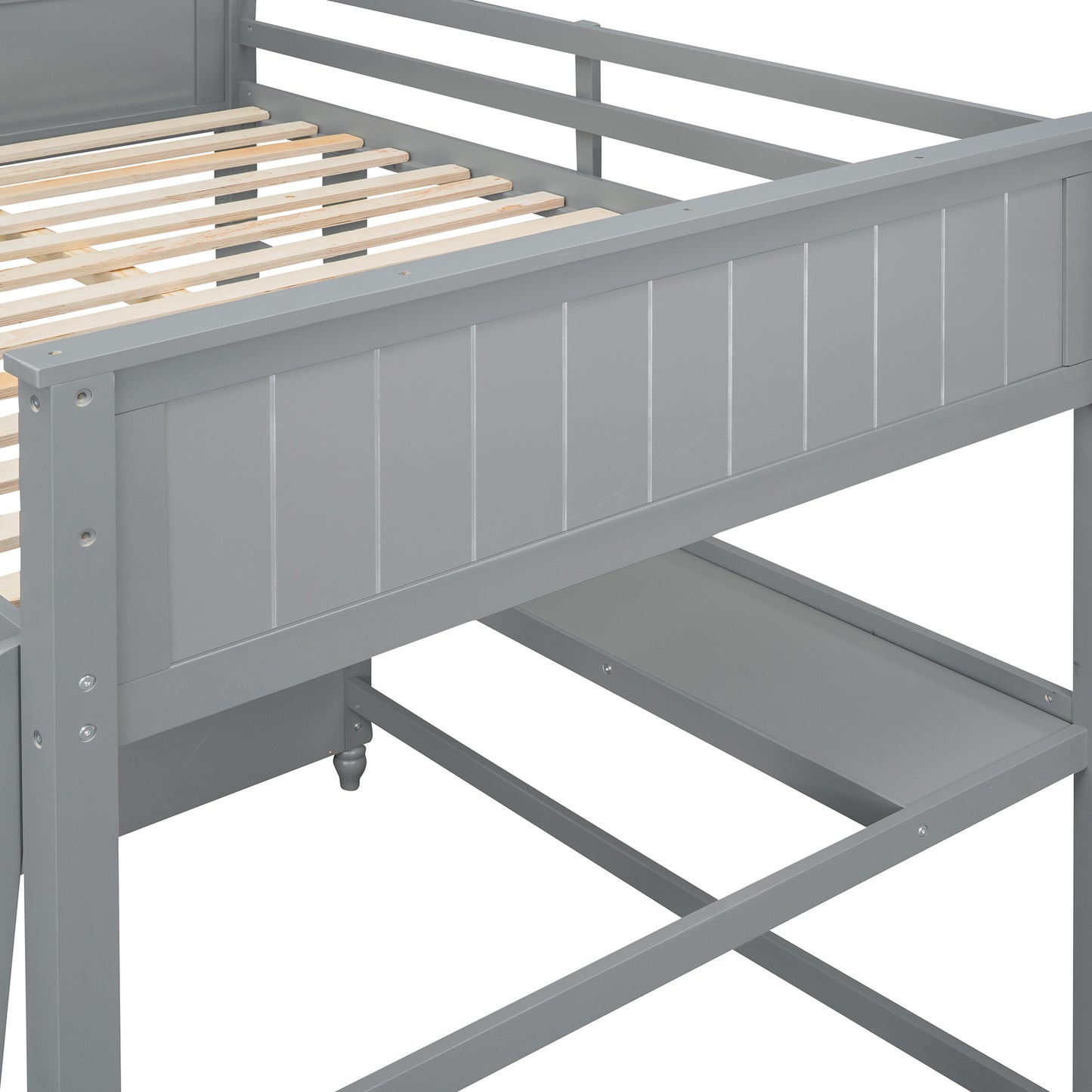 Gray wooden loft bed frame with slatted base and integrated desk surface
