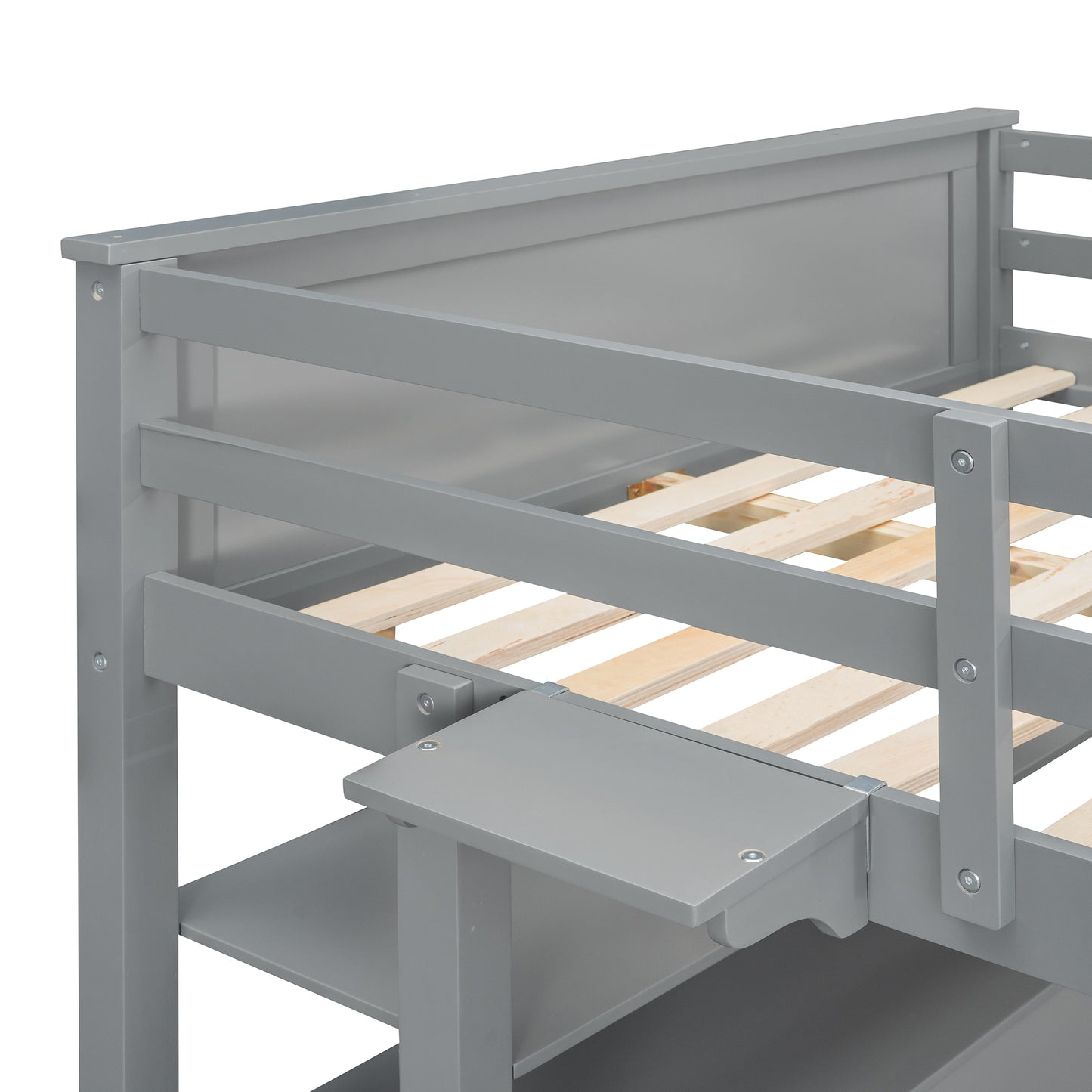 Gray wooden loft bed with integrated desk and shelf storage