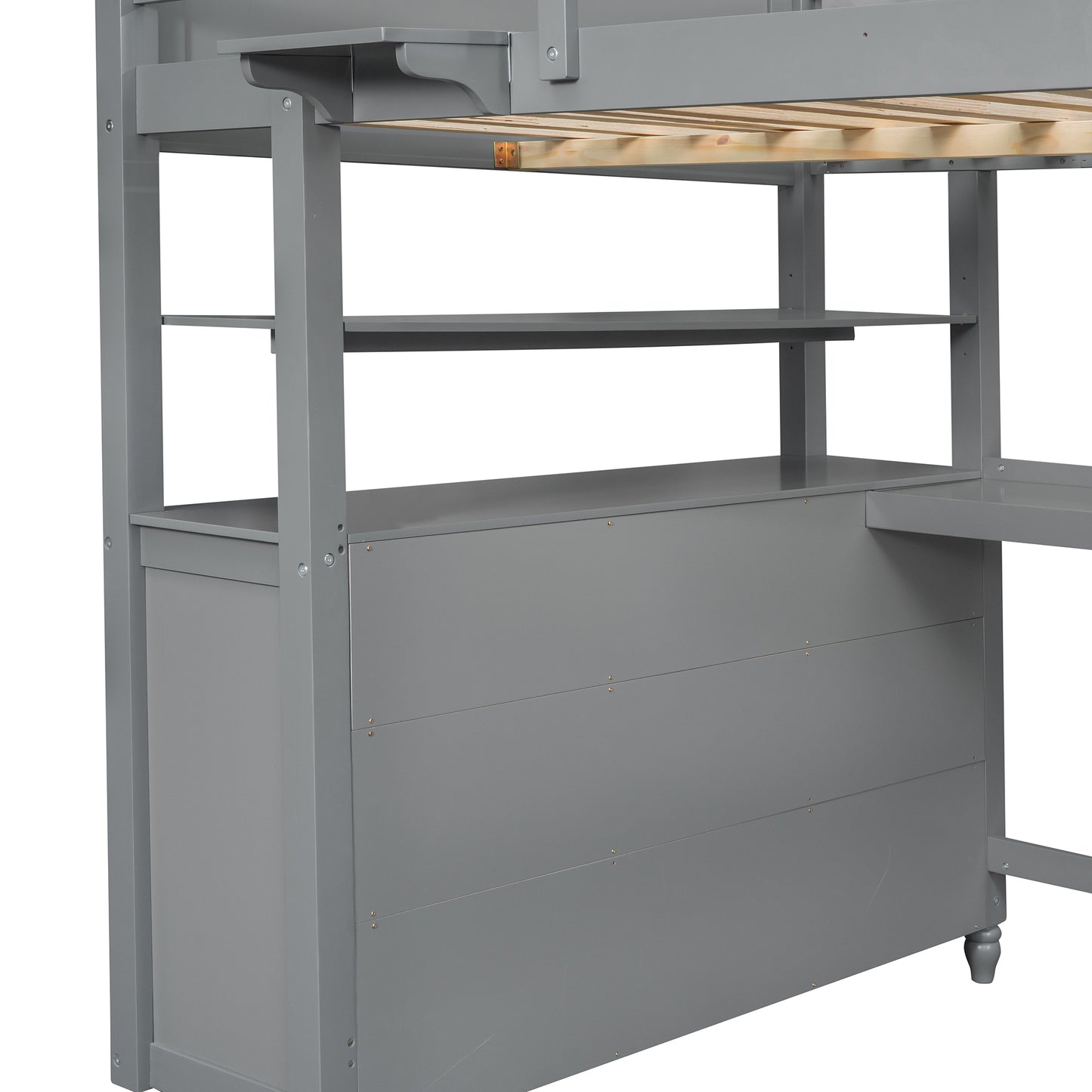 Gray wooden loft bed frame with integrated desk and shelving for kids room