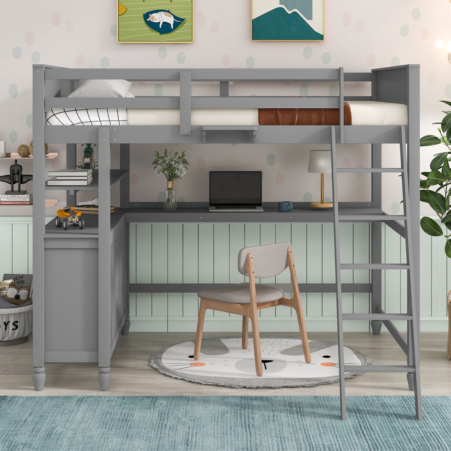 Gray wooden loft bed with integrated desk and ladder for kids room