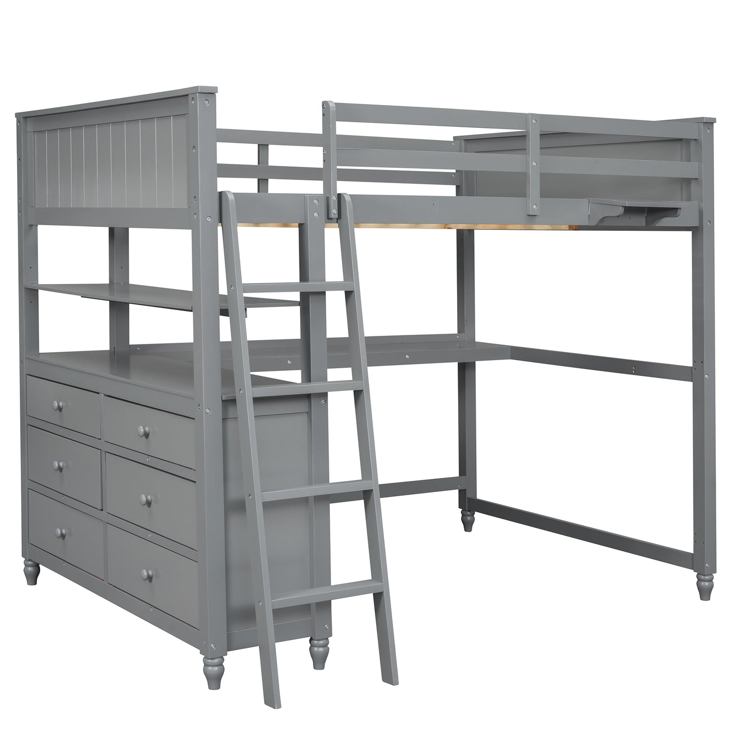 Grey wooden loft bed with ladder and desk featuring a sixdrawer dresser