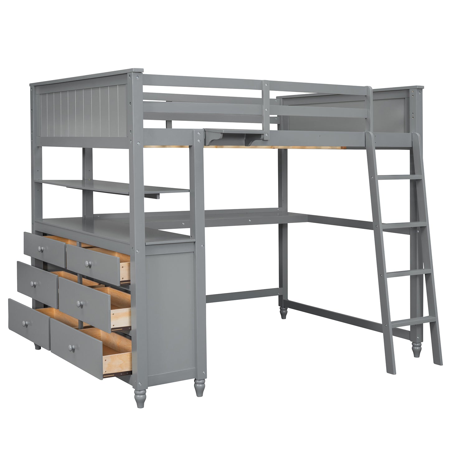 Gray wooden loft bed with desk and drawers ideal for kids rooms