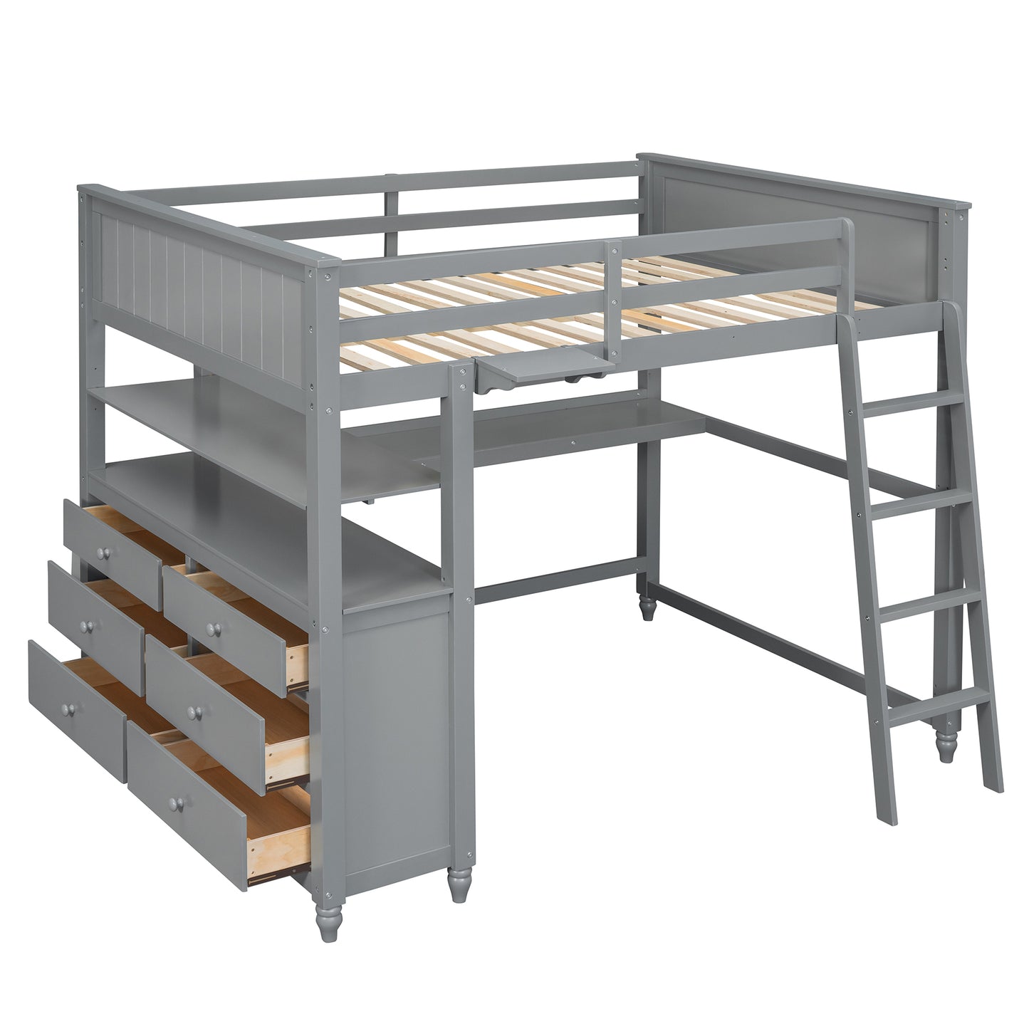 Grey loft bed with desk and dresser ideal for kids bedroom