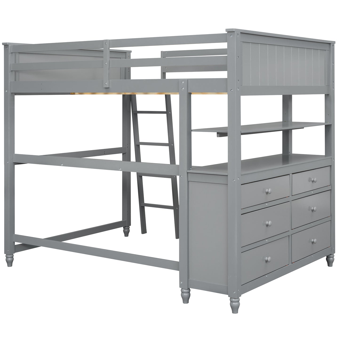 Gray wooden loft bed with desk and six drawers spacesaving childrens furniture