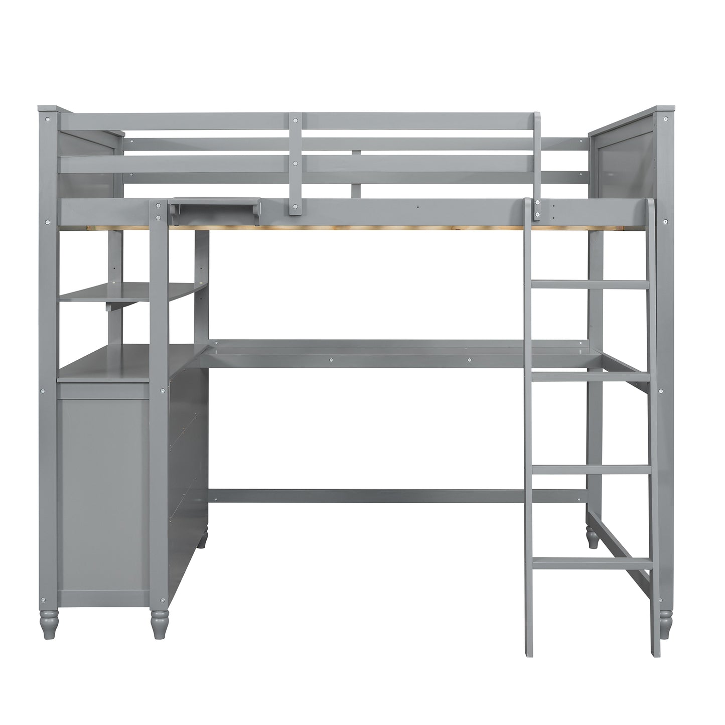 Grey wooden loft bed with desk and shelves for kids room