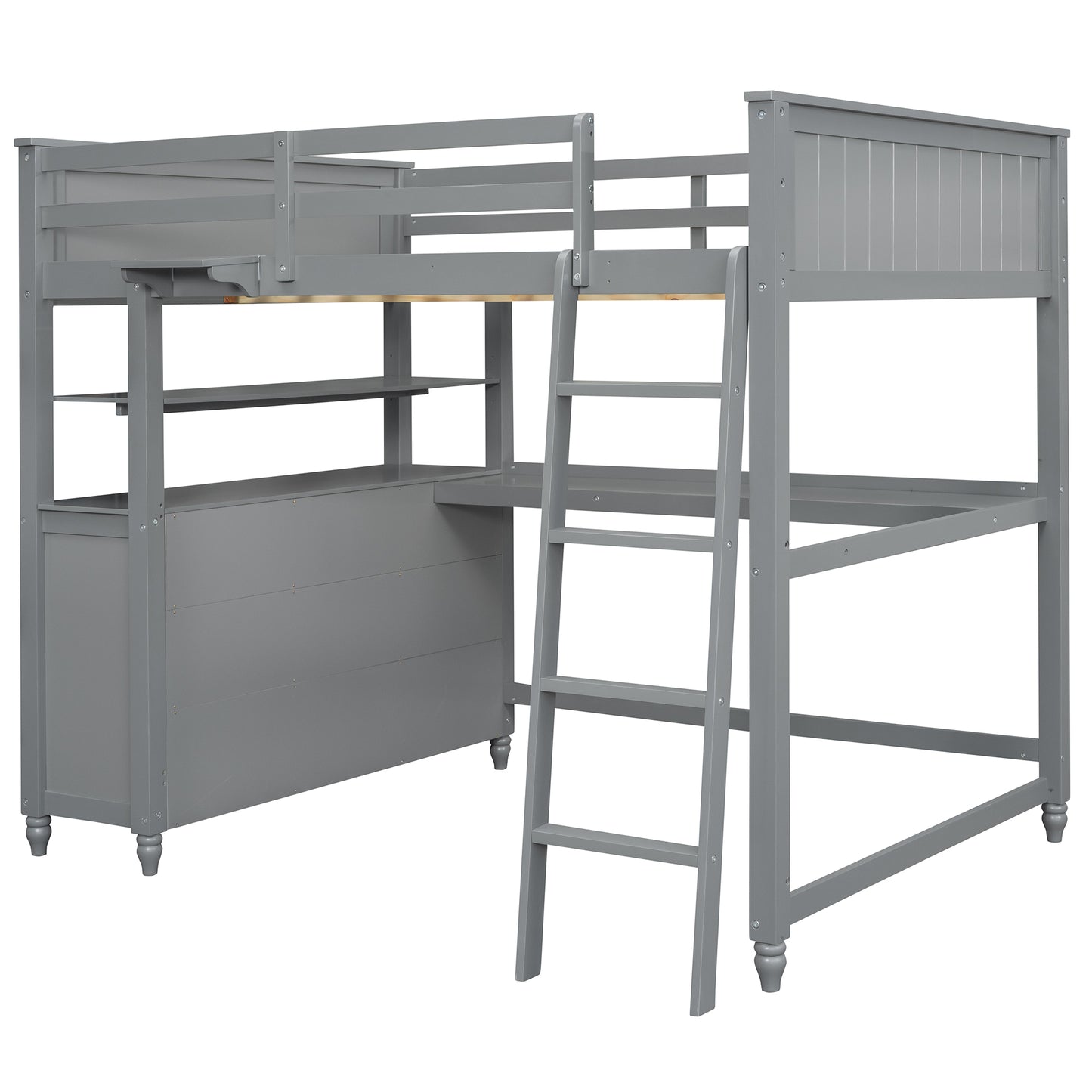 Gray wooden loft bed with desk and shelves featuring a ladder for easy access