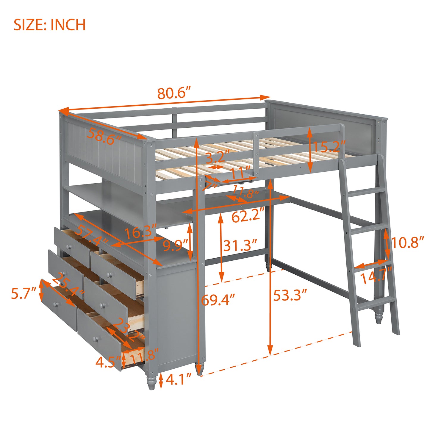Gray loft bed with integrated drawers and desk dimensions shown