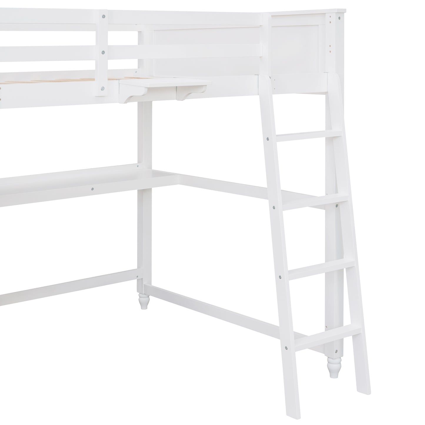 White wooden loft bed frame with desk and ladder attached