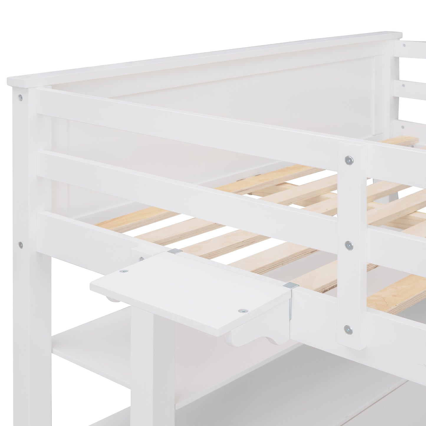 Closeup of a white wooden loft bed frame with slatted support showing a shelf attachment