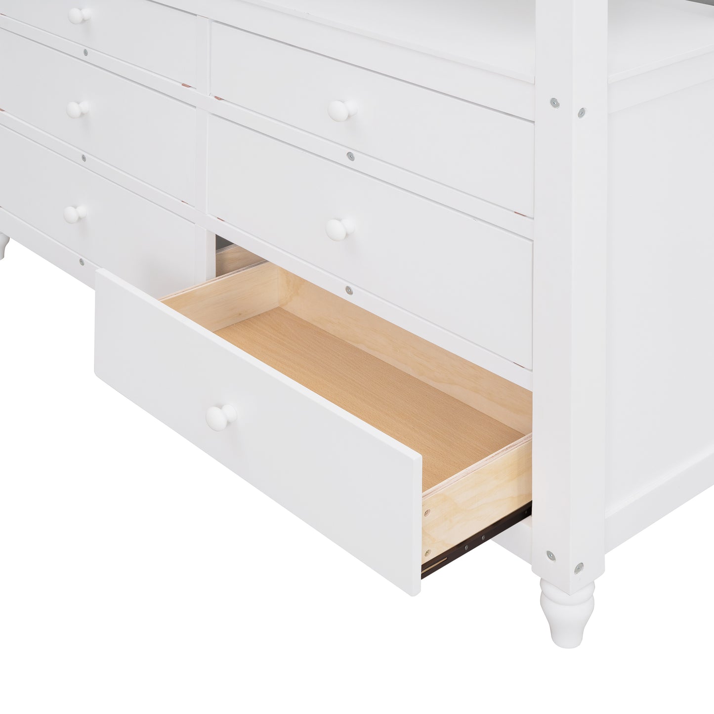 White wooden dresser with partially open drawer revealing interior