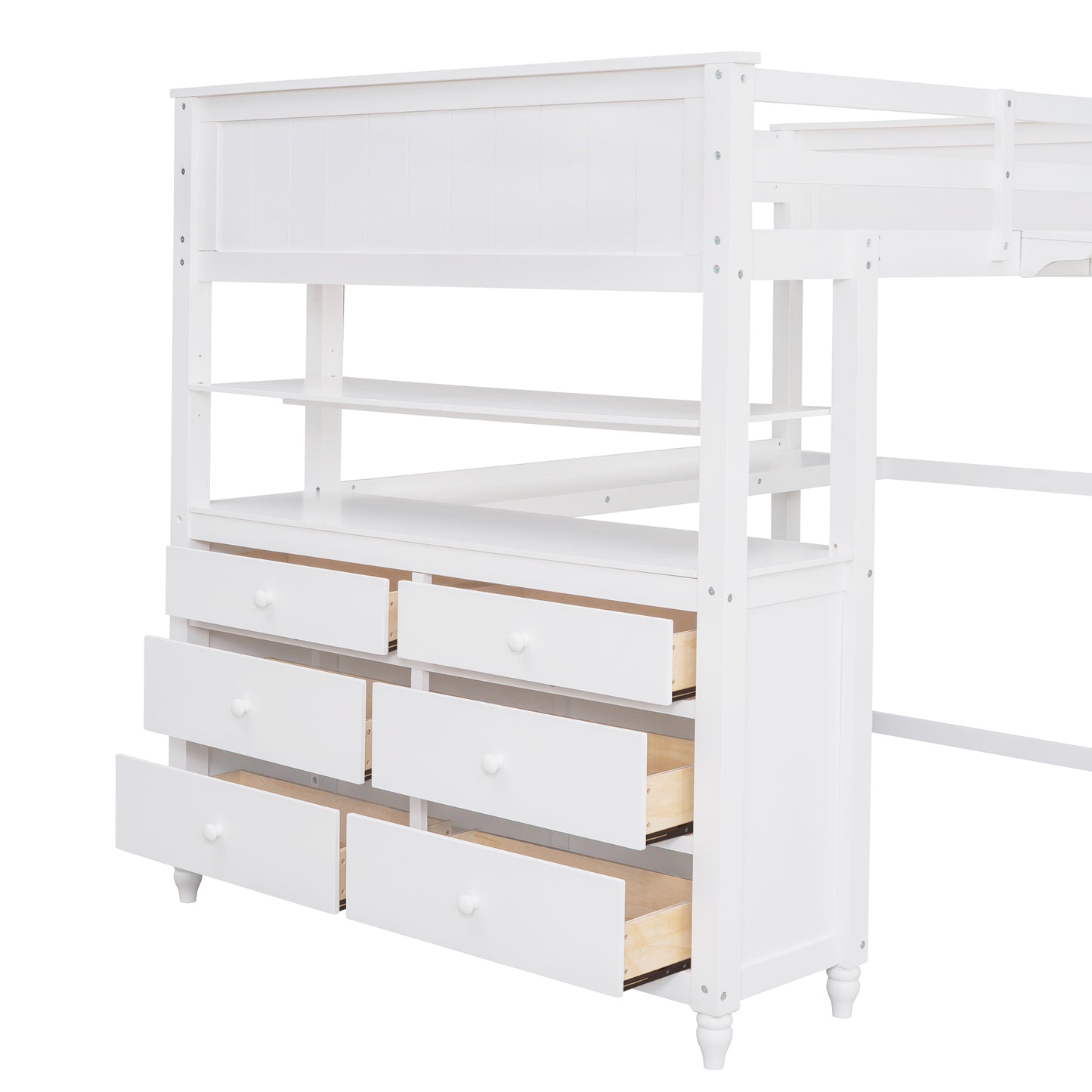 White loft bed with builtin dresser and shelves for organized kids rooms