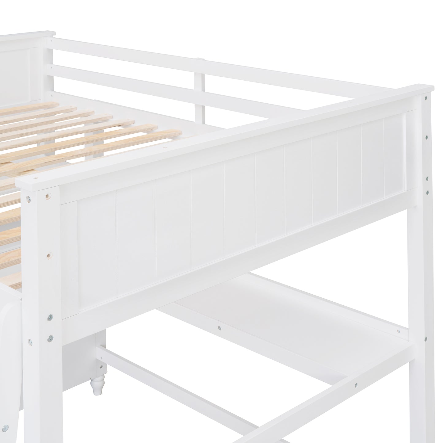 White wooden loft bed frame with slatted base for mattress support