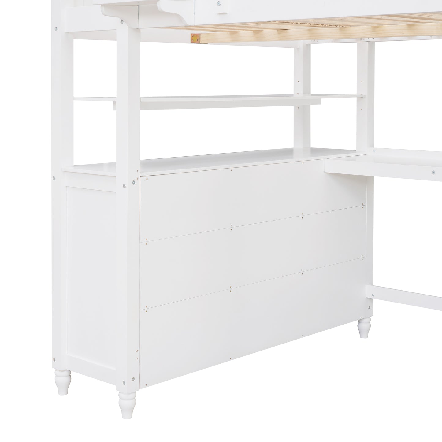 Closeup of a white wooden loft bed frame with integrated shelving and desk space