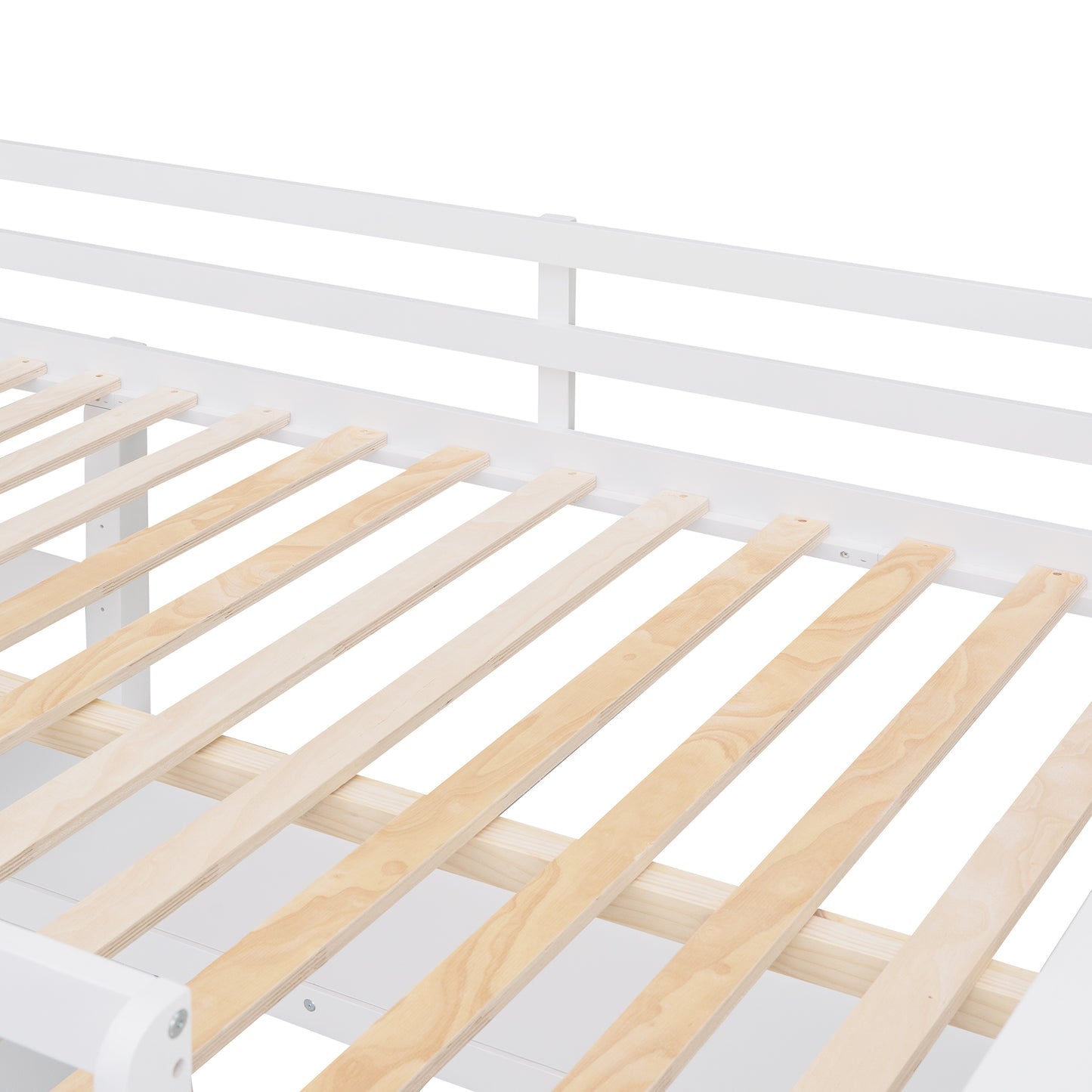 Closeup of white twin bed frame showing sturdy wooden slats for mattress support