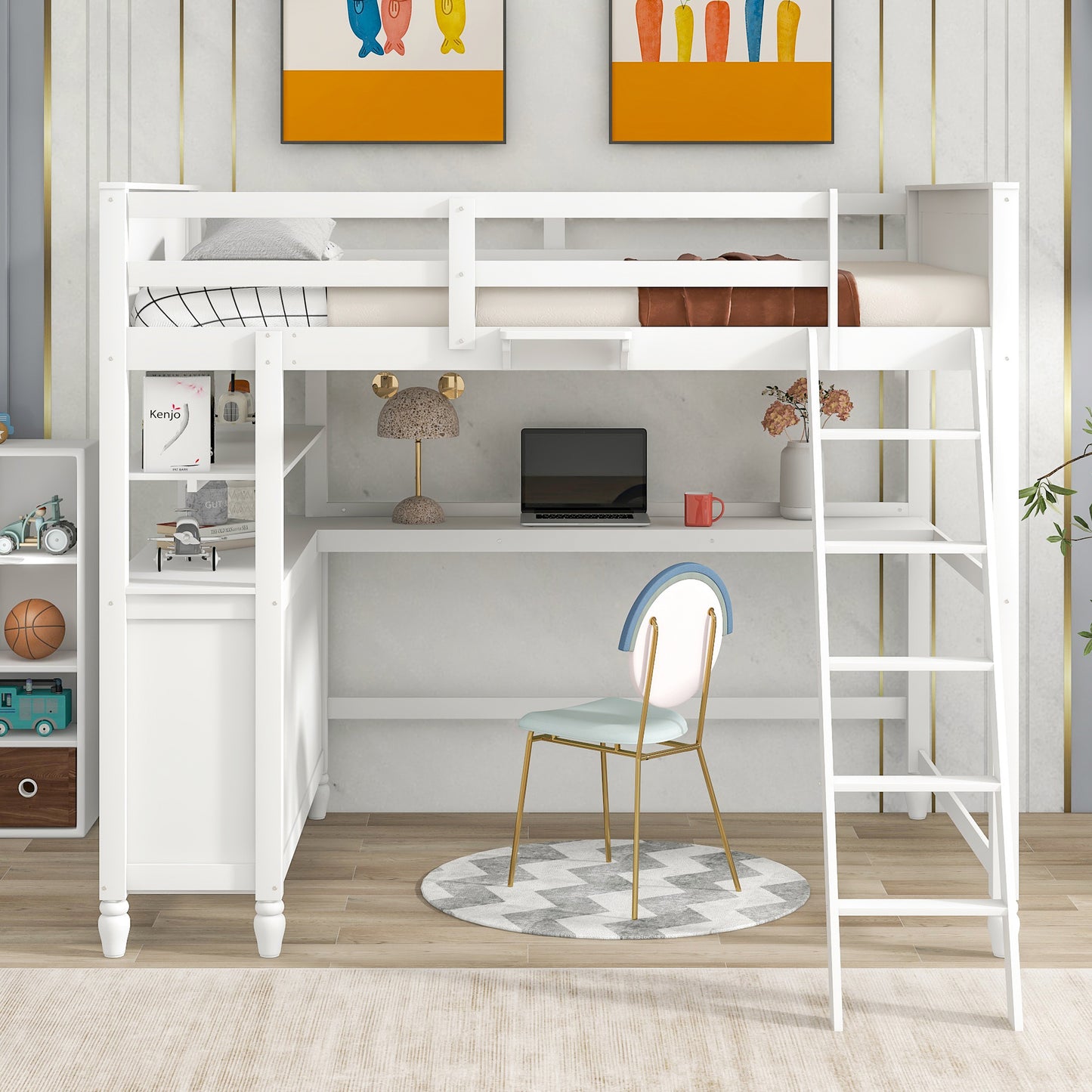 White wooden loft bed with desk and shelving for a childs bedroom