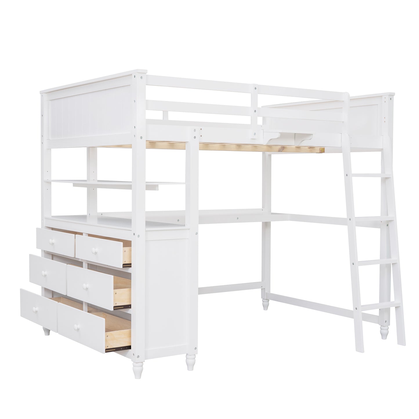 White loft bed with desk drawers and shelves for kids room