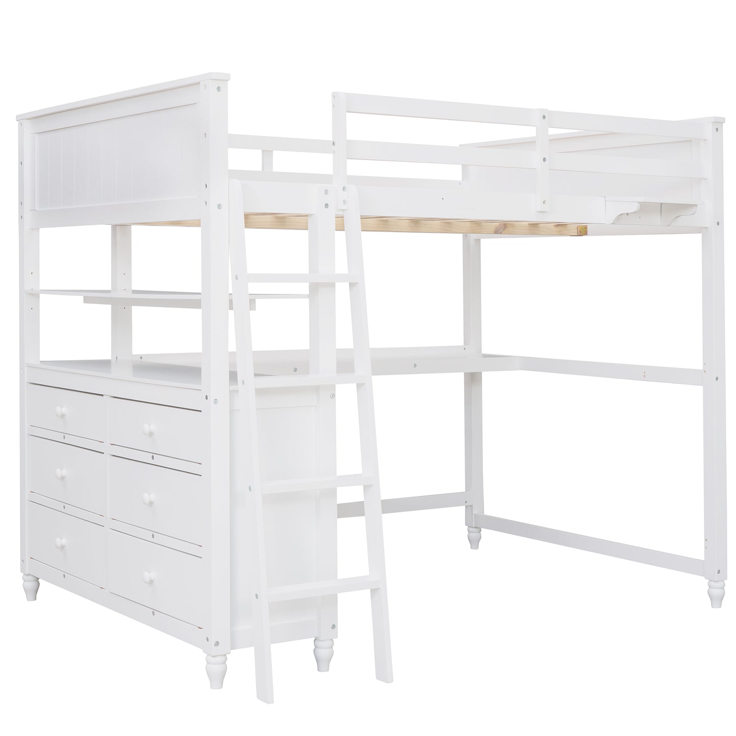 White loft bed with ladder desk and dresser drawers for a kids bedroom