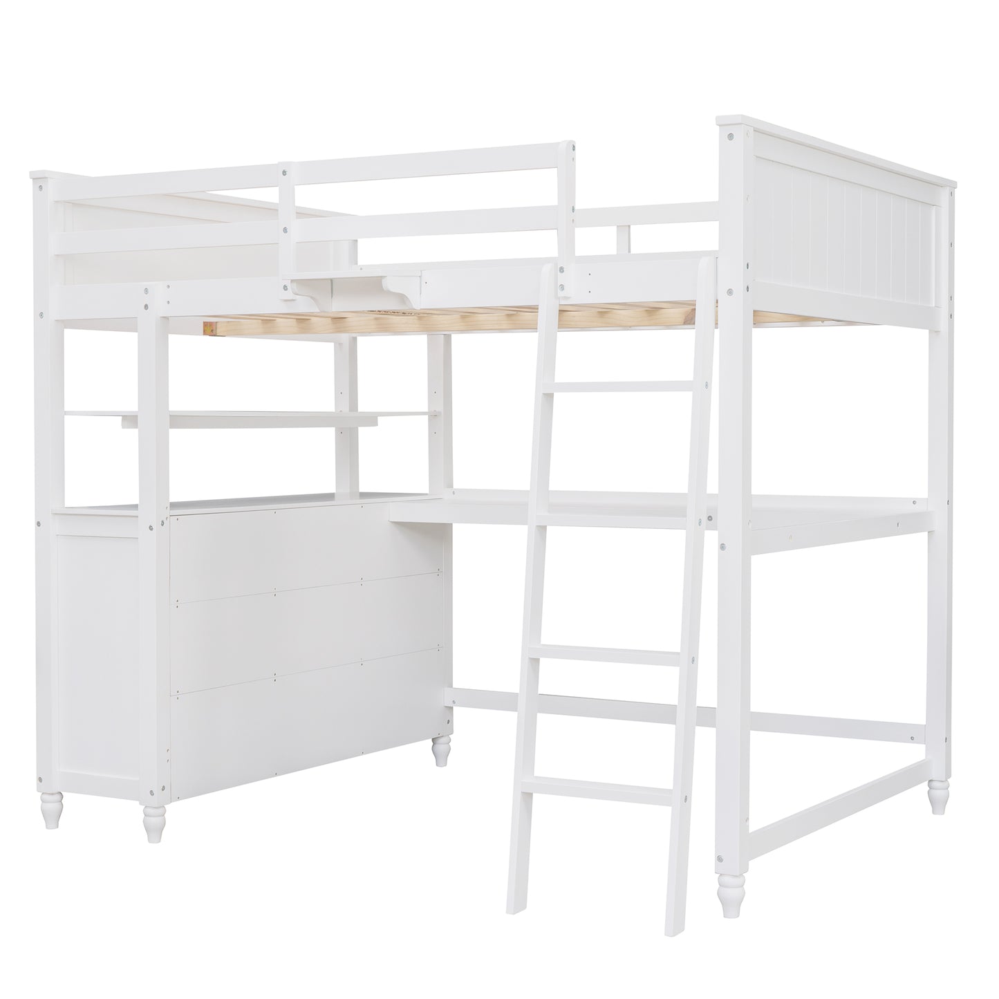 White wooden loft bed with integrated desk and shelves ideal for a childs bedroom