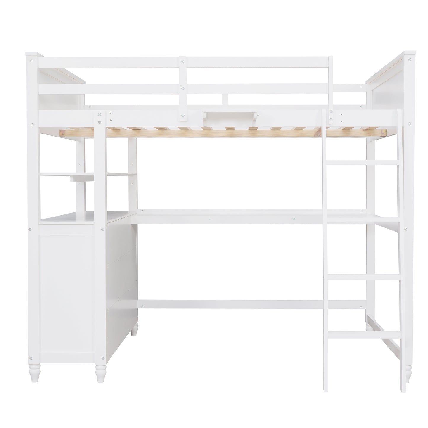 White wooden loft bed with integrated desk and shelving featuring a ladder for easy access