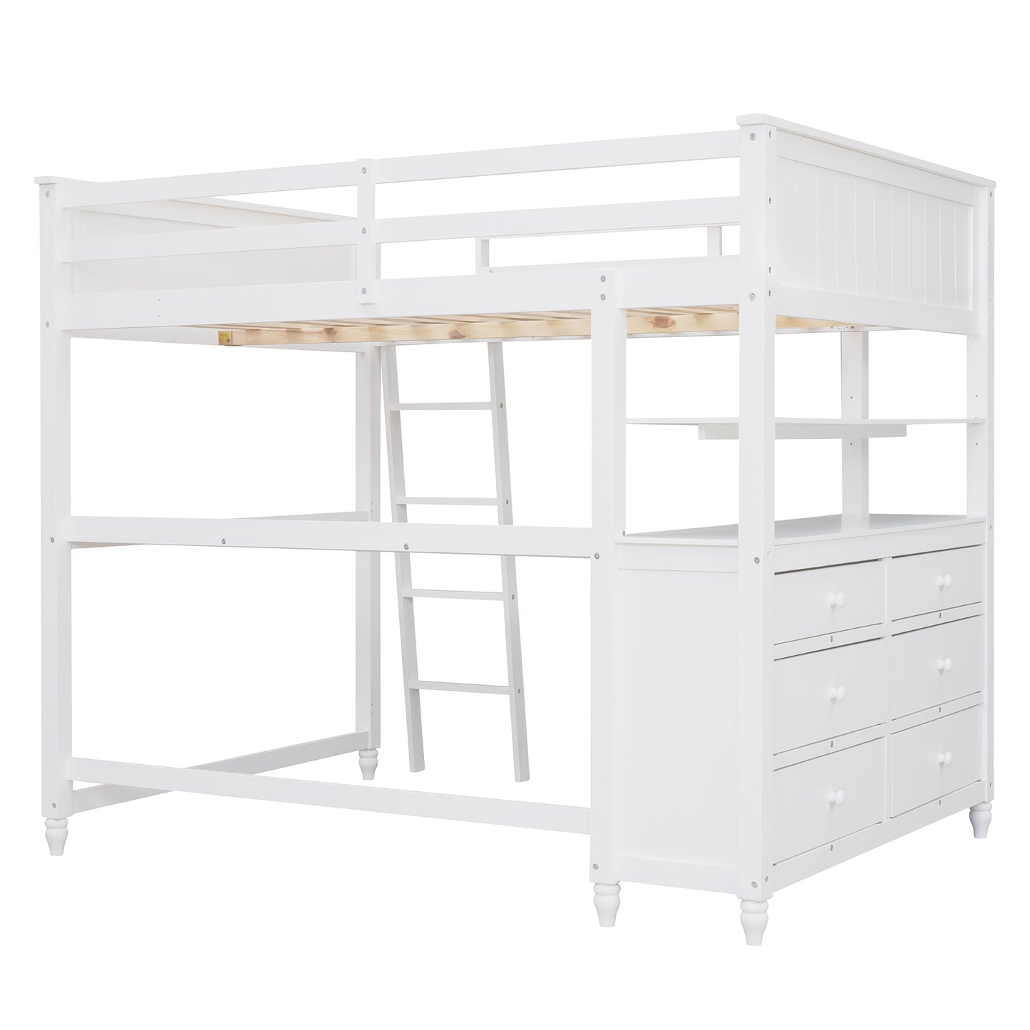 White wooden loft bed with ladder and integrated dresser for spacesaving bedroom