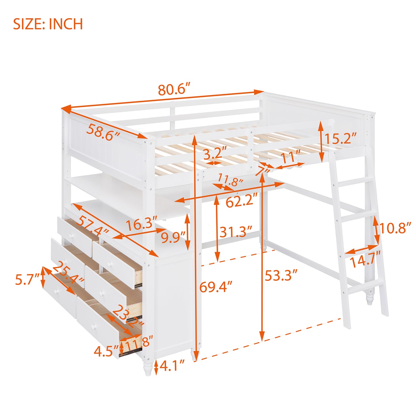 White loft bed with integrated drawers shelves and ladder dimensions shown