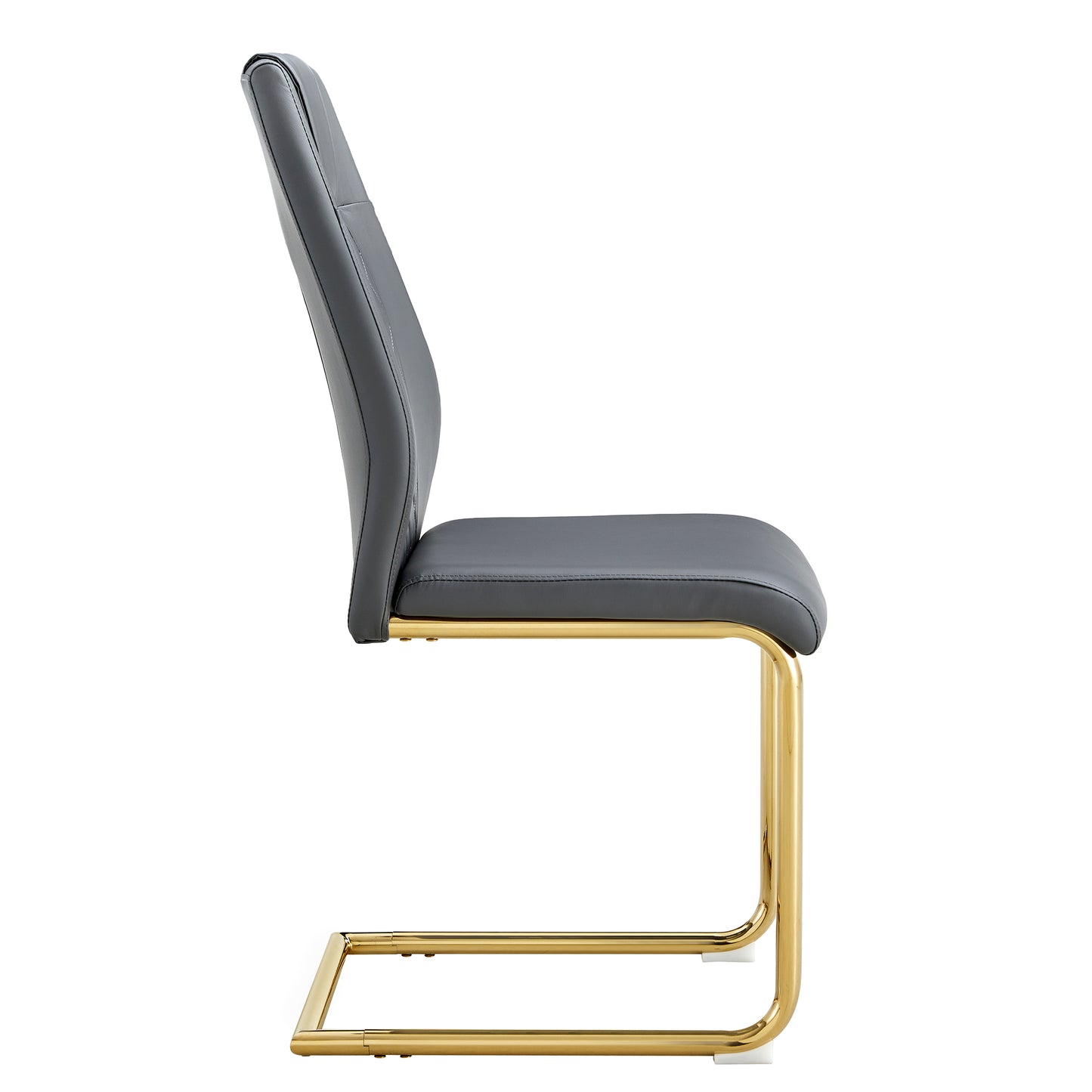 Modern gray faux leather dining chair with polished gold cantilever legs