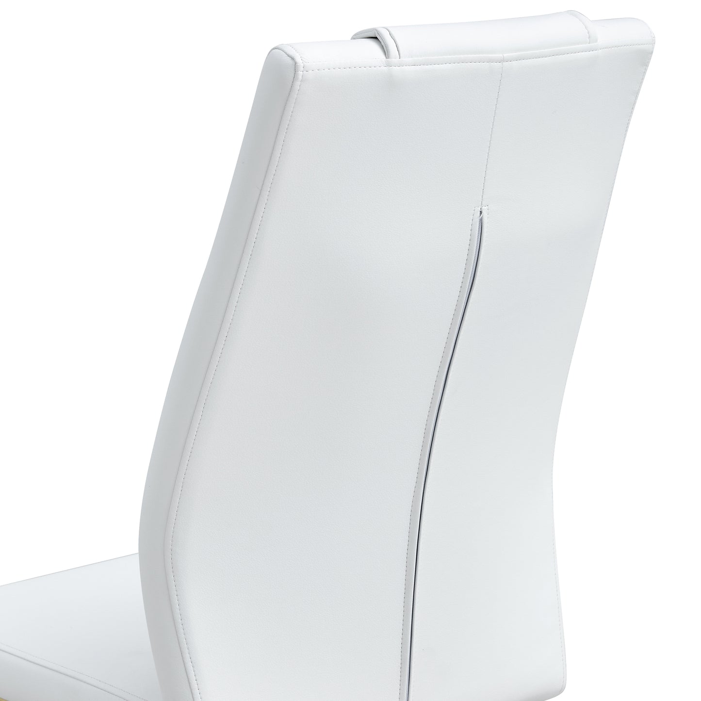 Closeup of a white faux leather dining chair back with stitched details