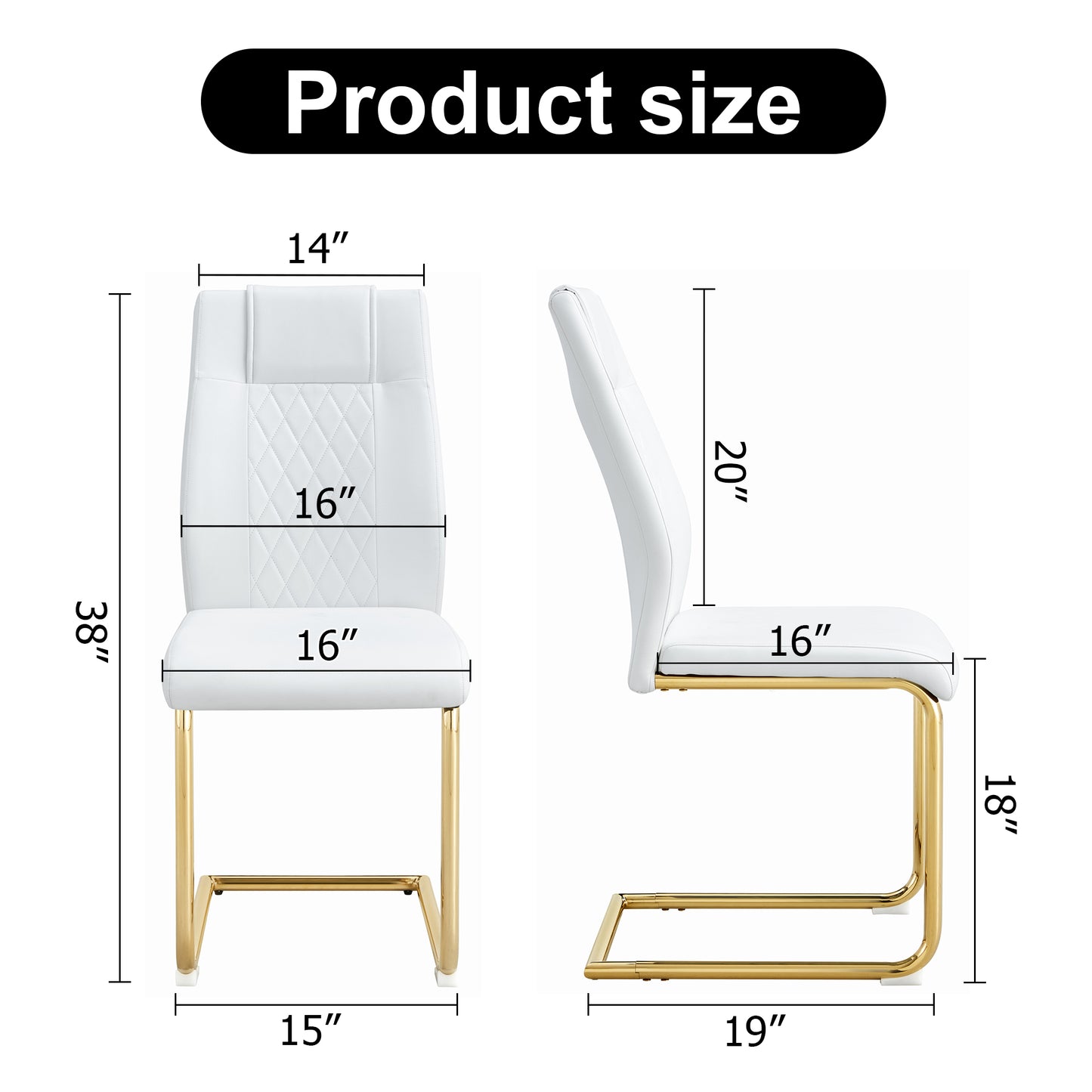 White faux leather dining chair with diamond stitching and gold cantilever base H