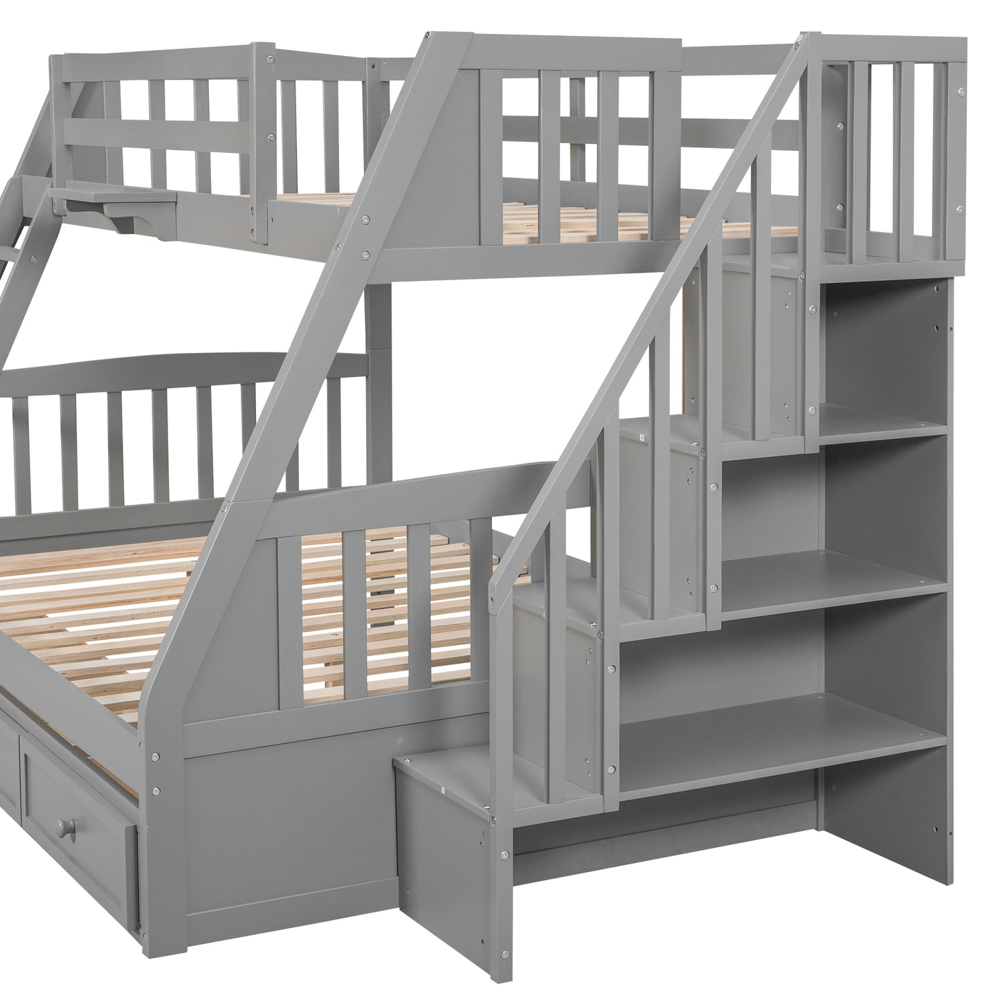 Gray wooden triple bunk bed with stairs for kids room