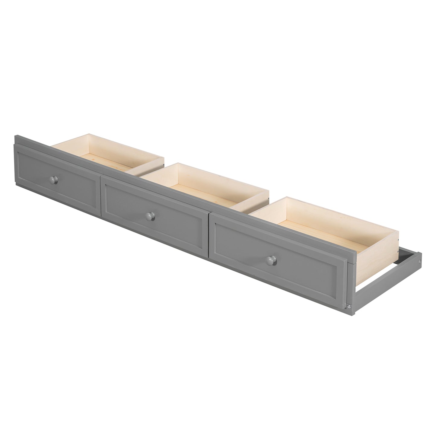Gray wooden trundle bed drawers with three pullout compartments and circular knobs