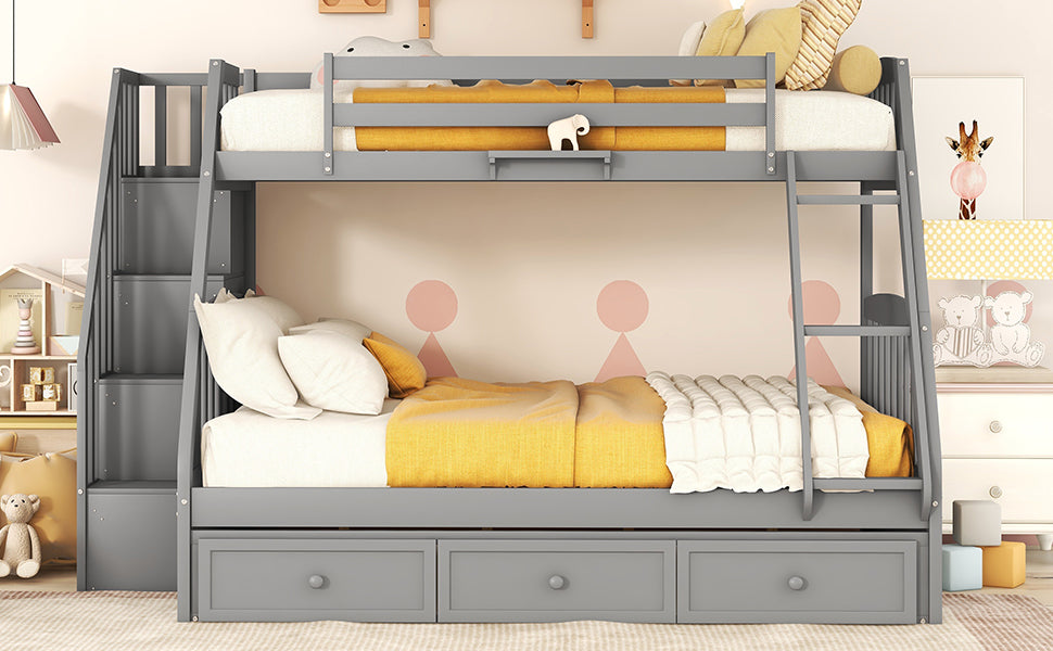 Grey wooden bunk bed with stairs and three storage drawers