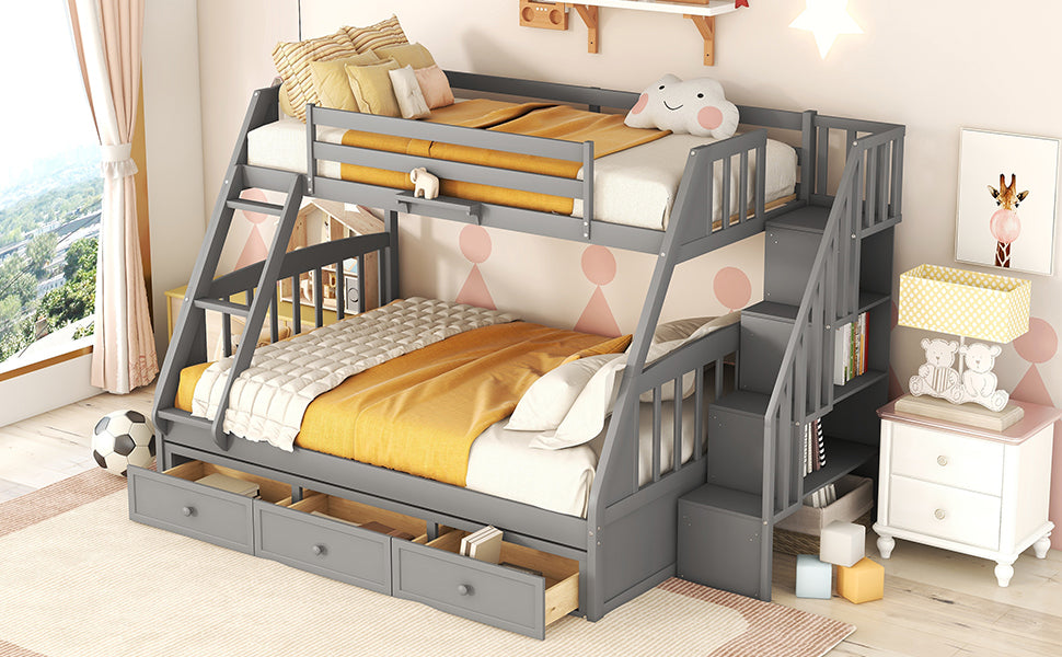 Gray triple bunk bed with storage stairs and pullout trundle for kids room