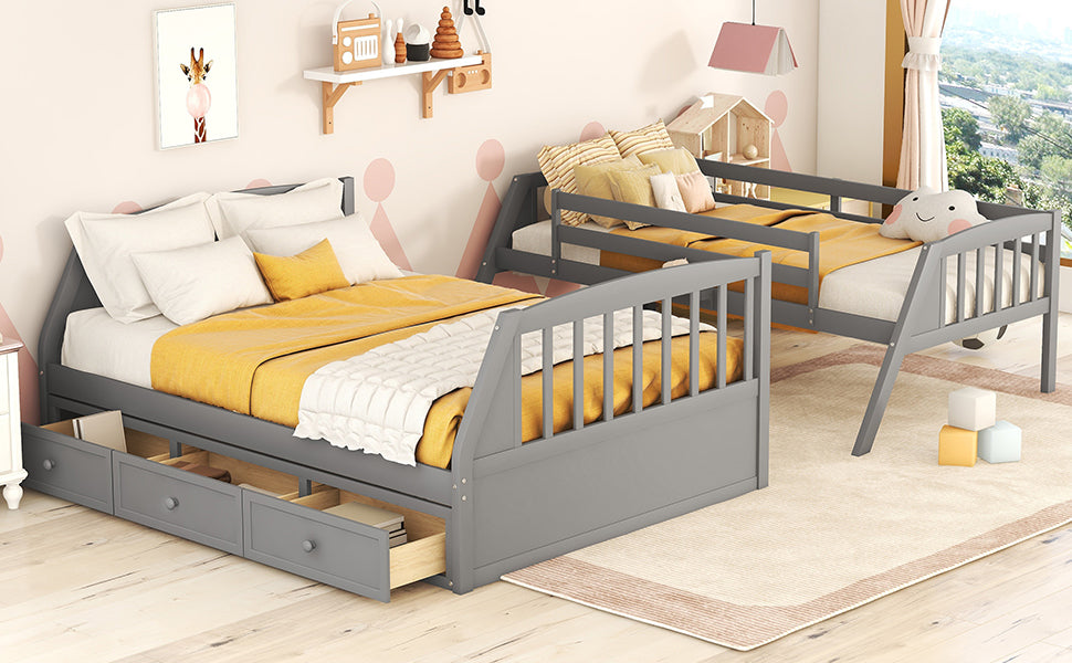 Gray twin over twin bunk bed with storage drawers for childrens bedroom