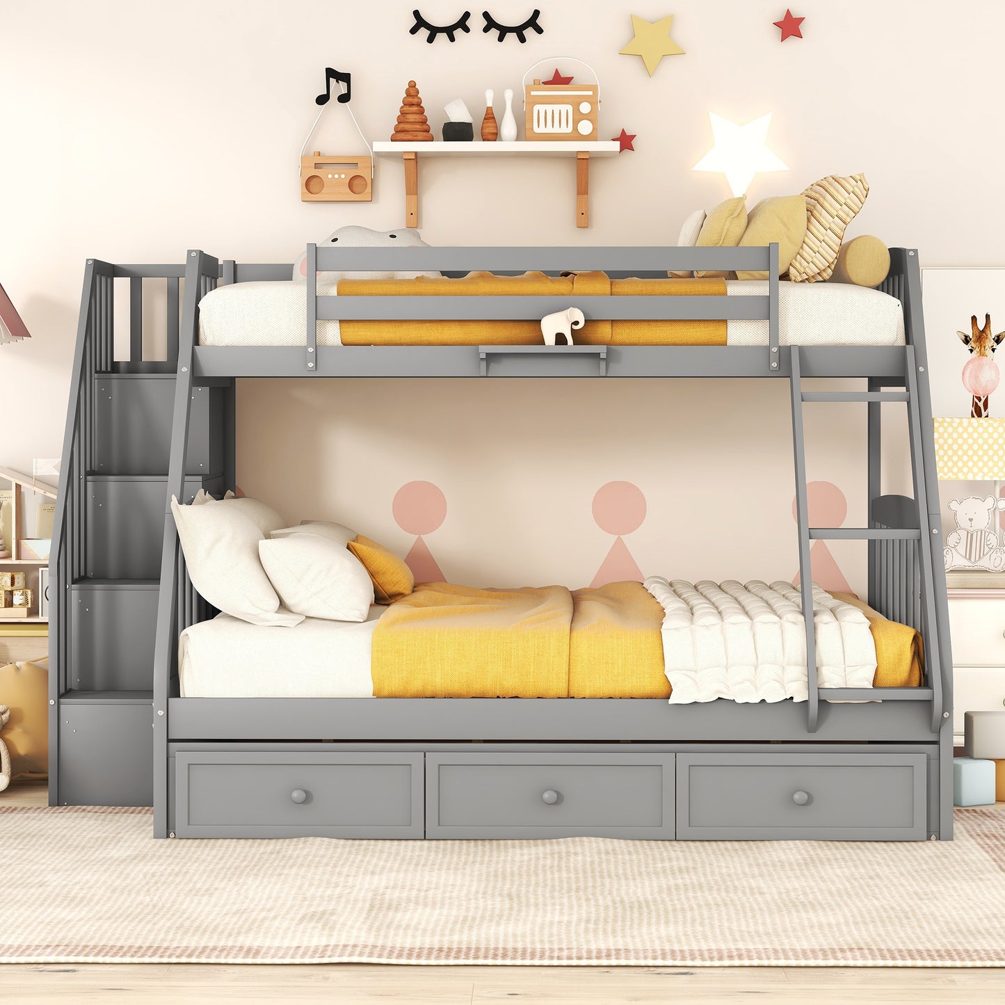 Gray wood bunk bed with drawers for kids bedroom includes ladder and step storage