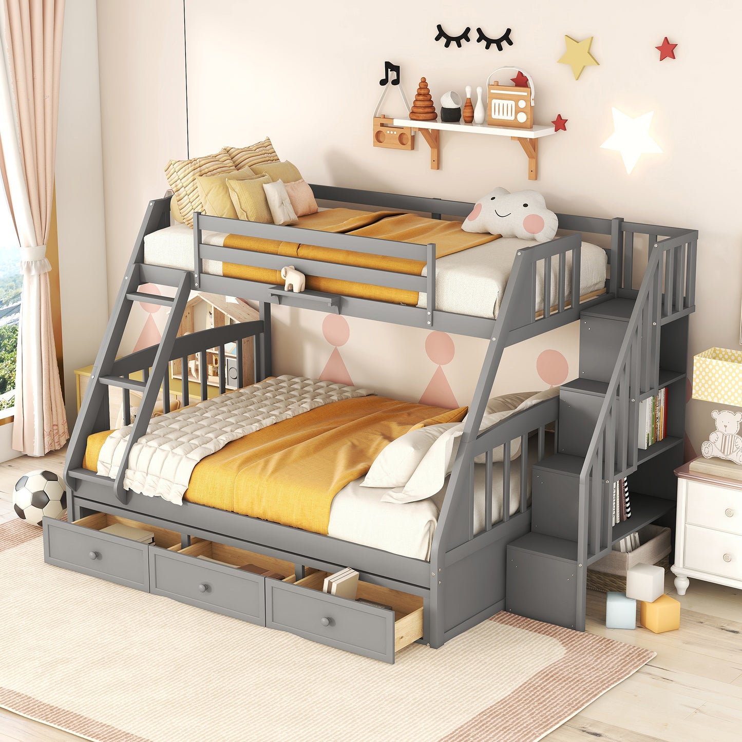 Grey triple bunk bed with stairs and storage drawers perfect for kids
