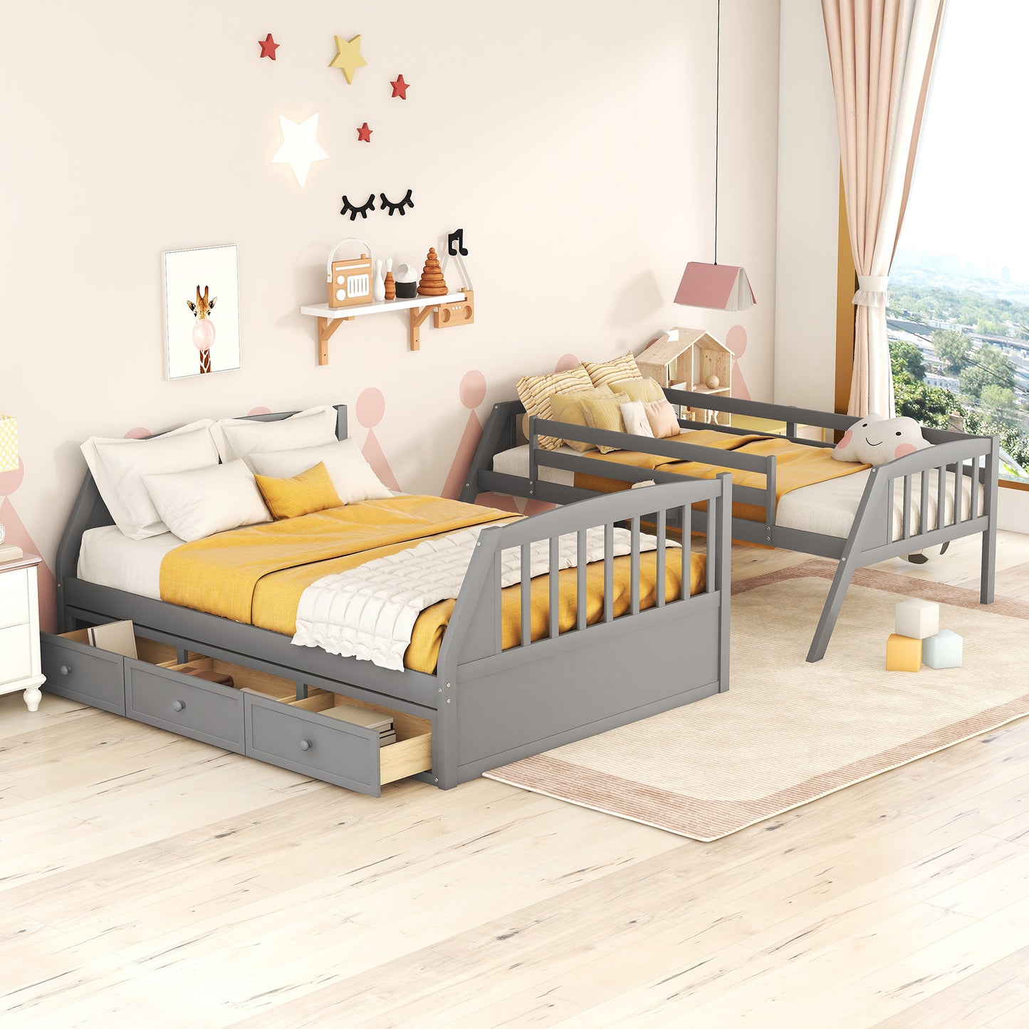 Grey twin over twin bunk bed with drawers for kids room maximizing space