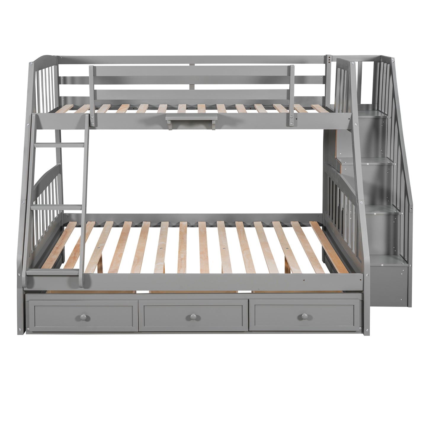 Grey wooden triple bunk bed with drawers and stairs maximizing bedroom space