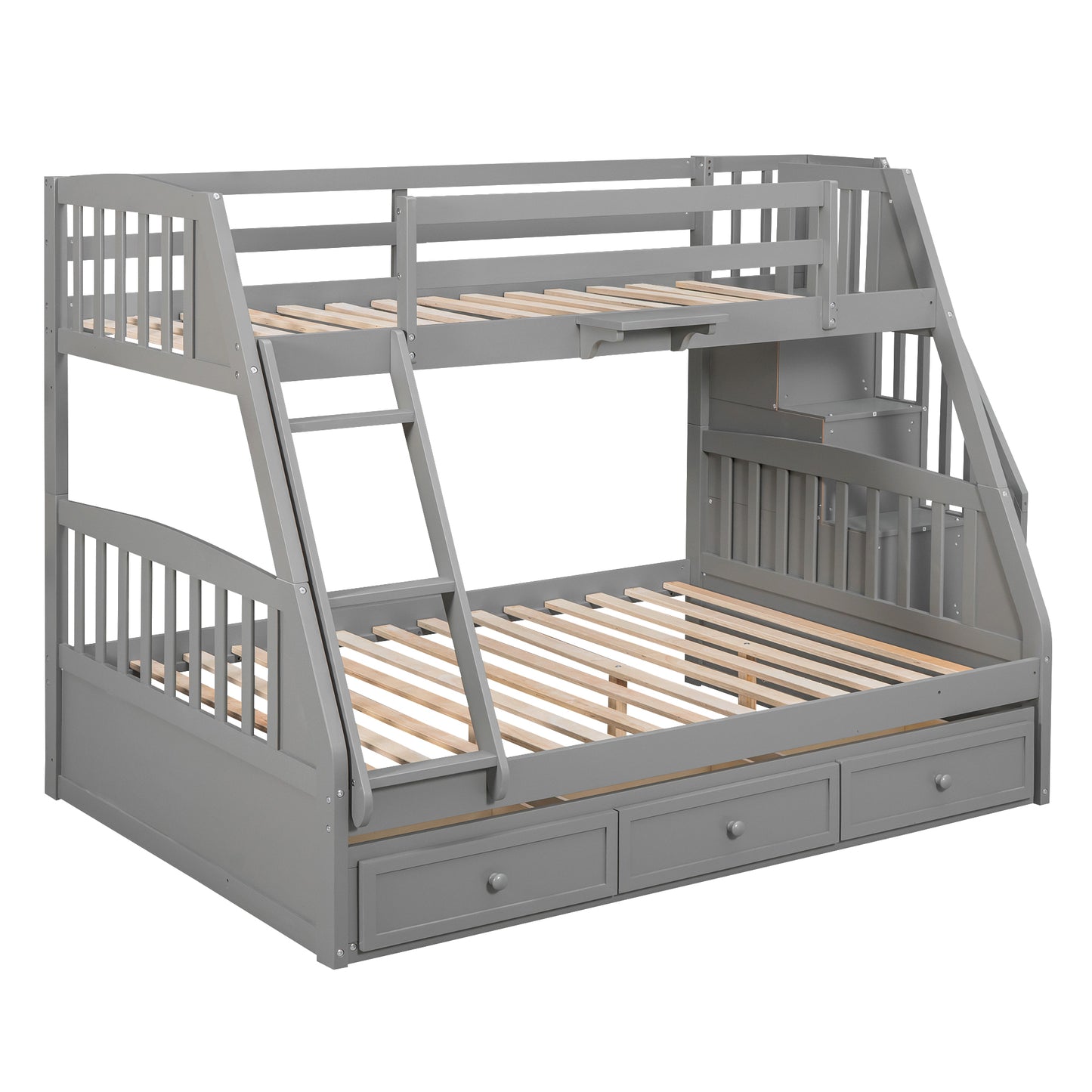Gray wooden triple bunk bed with stairs and storage drawers
