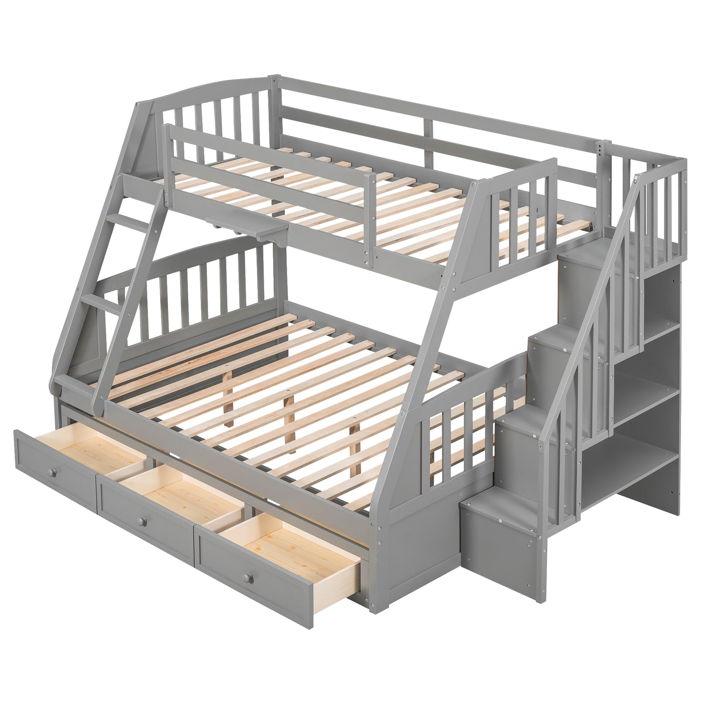 Gray wooden triple bunk bed with integrated stairs shelving and three storage drawers