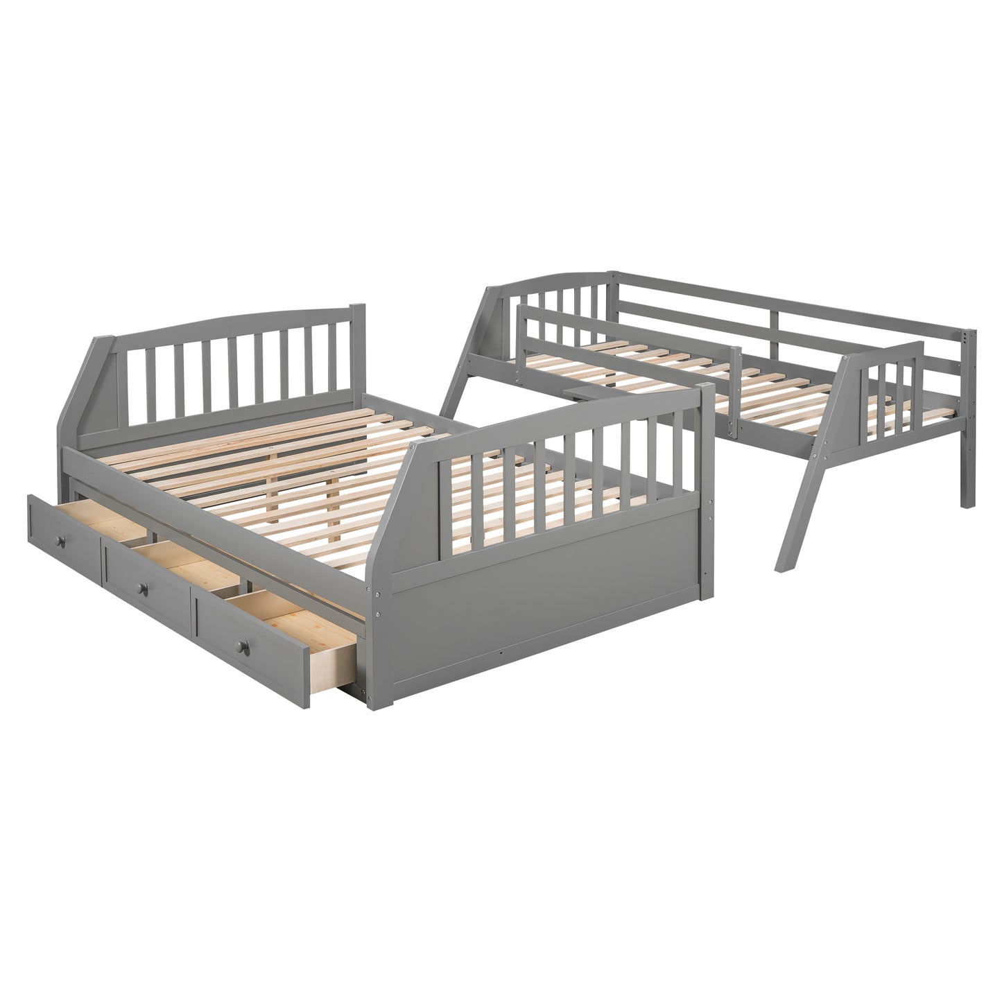 Gray wooden twin over twin bunk bed with pullout trundle and three drawers