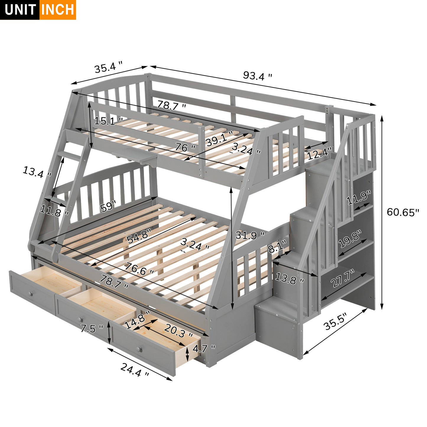 Grey wooden twin over twin bunk bed with stairs and drawers